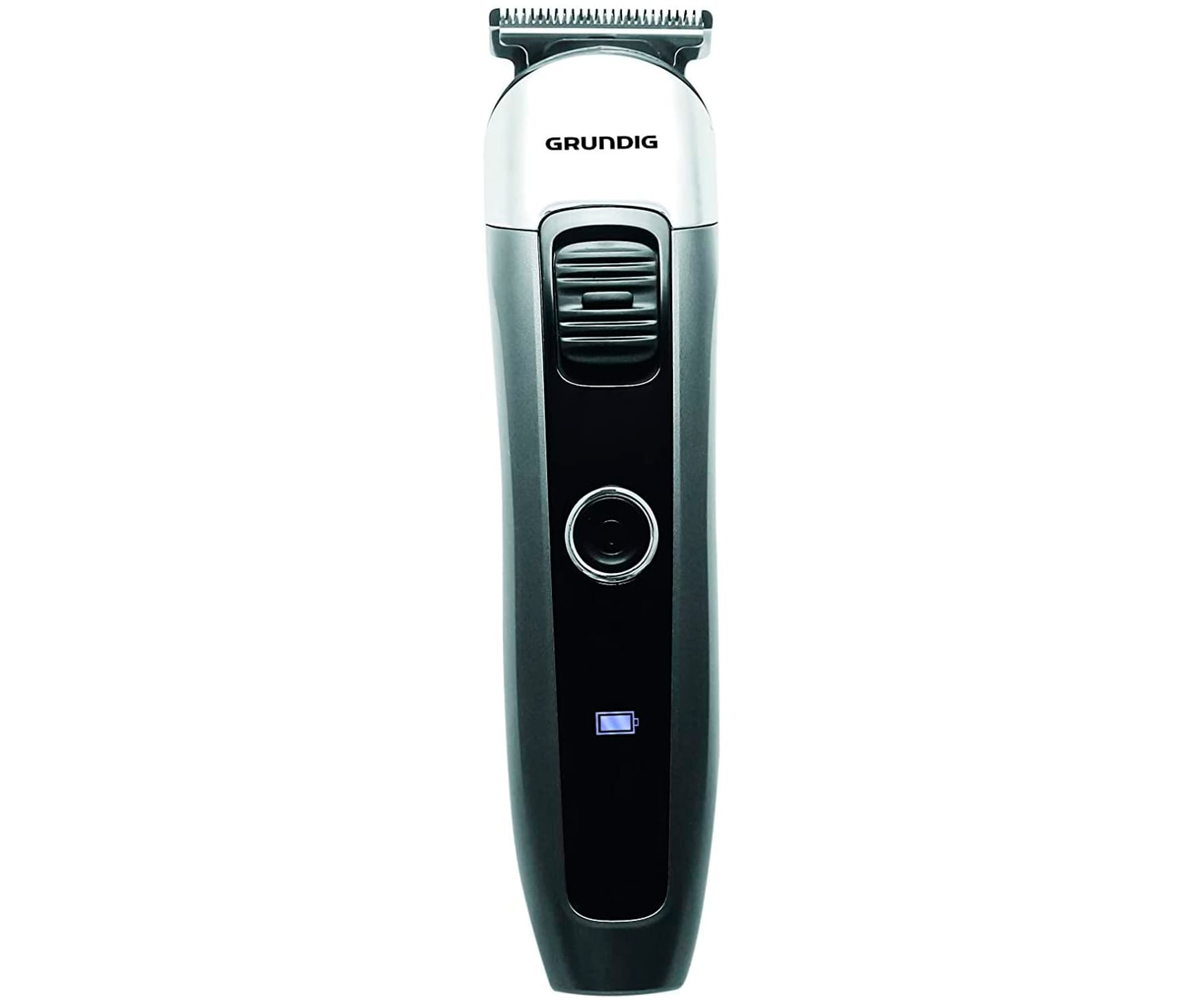 Recortadora de cabello Grundig negra y plateada, con botón de encendido y indicador de batería.