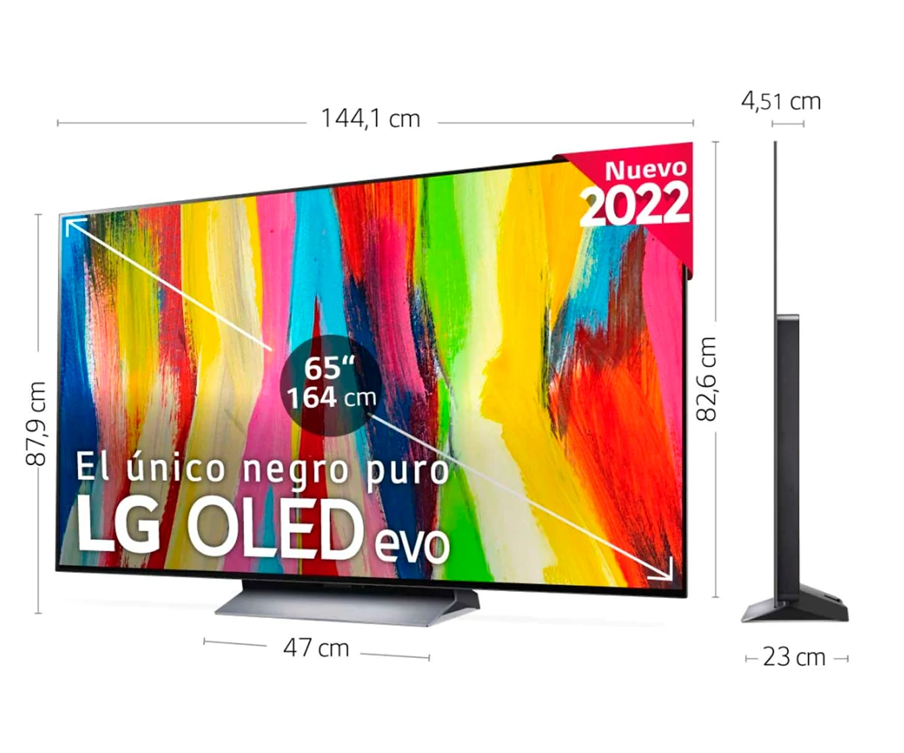 Un televisor con dimensiones. La pantalla muestra arte colorido. El televisor es negro y tiene un soporte.