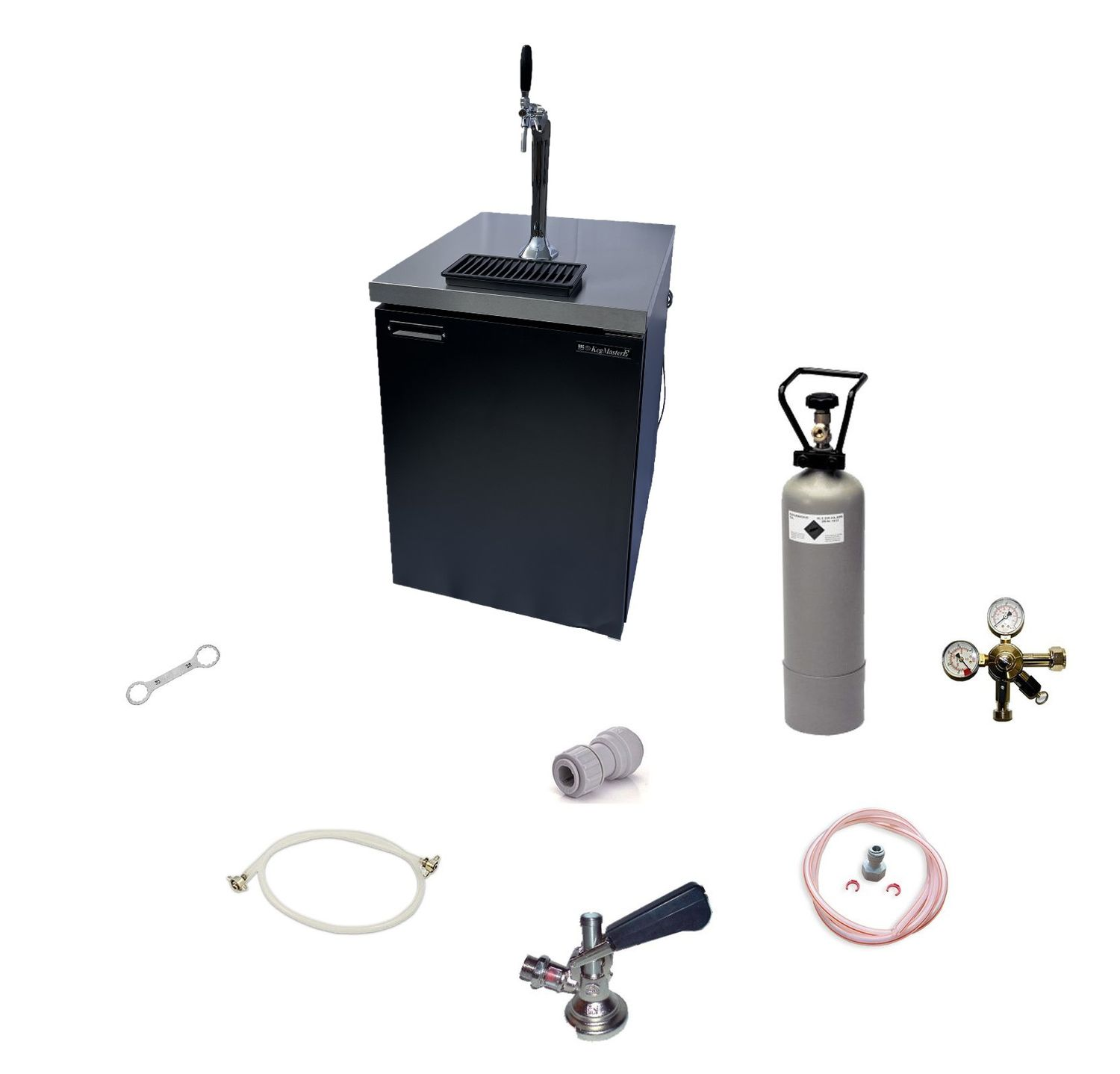 A beer dispensing system with various parts, including a tap, CO2 tank, and gauges.