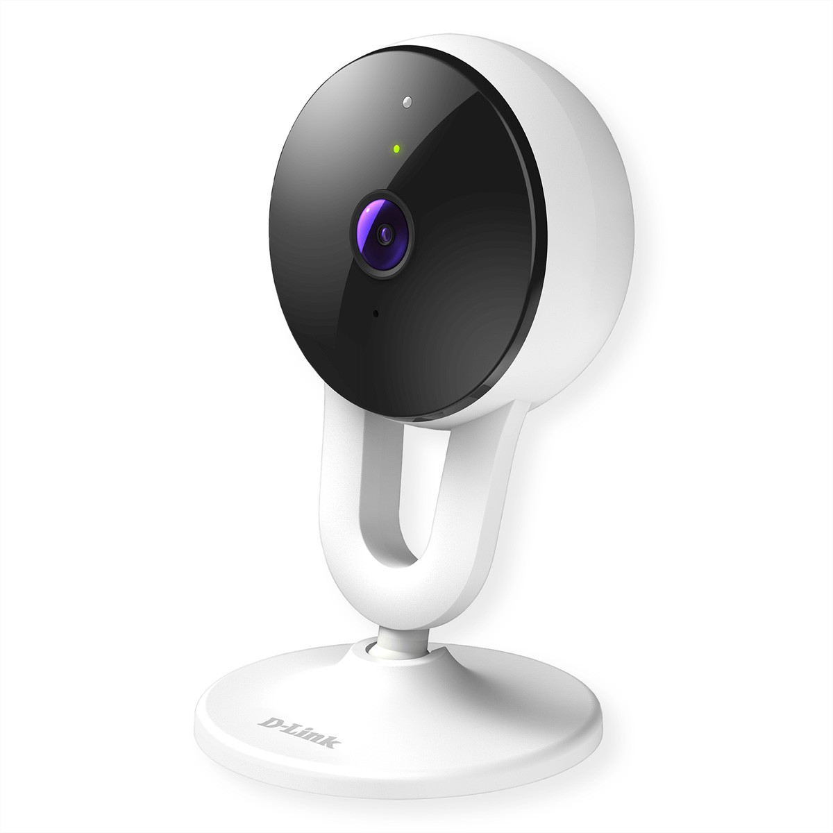 Telecamera di sicurezza D-Link bianca e nera. È su un supporto e mostra un obiettivo nero.