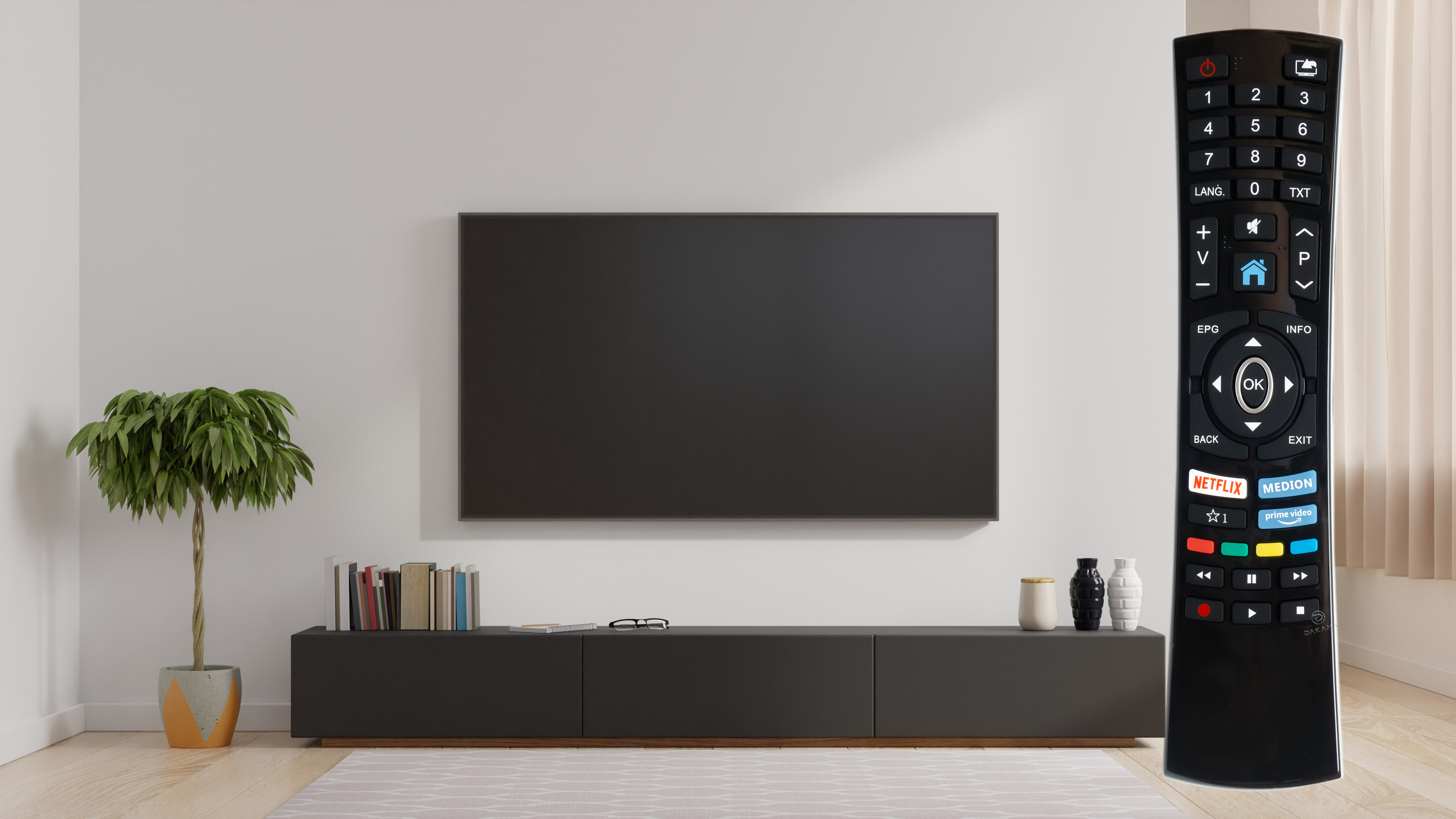 Wohnzimmer mit Fernseher, Fernbedienung, Schrank, Pflanze. Weiße Wand. Schwarzer Fernseher und Möbel.
