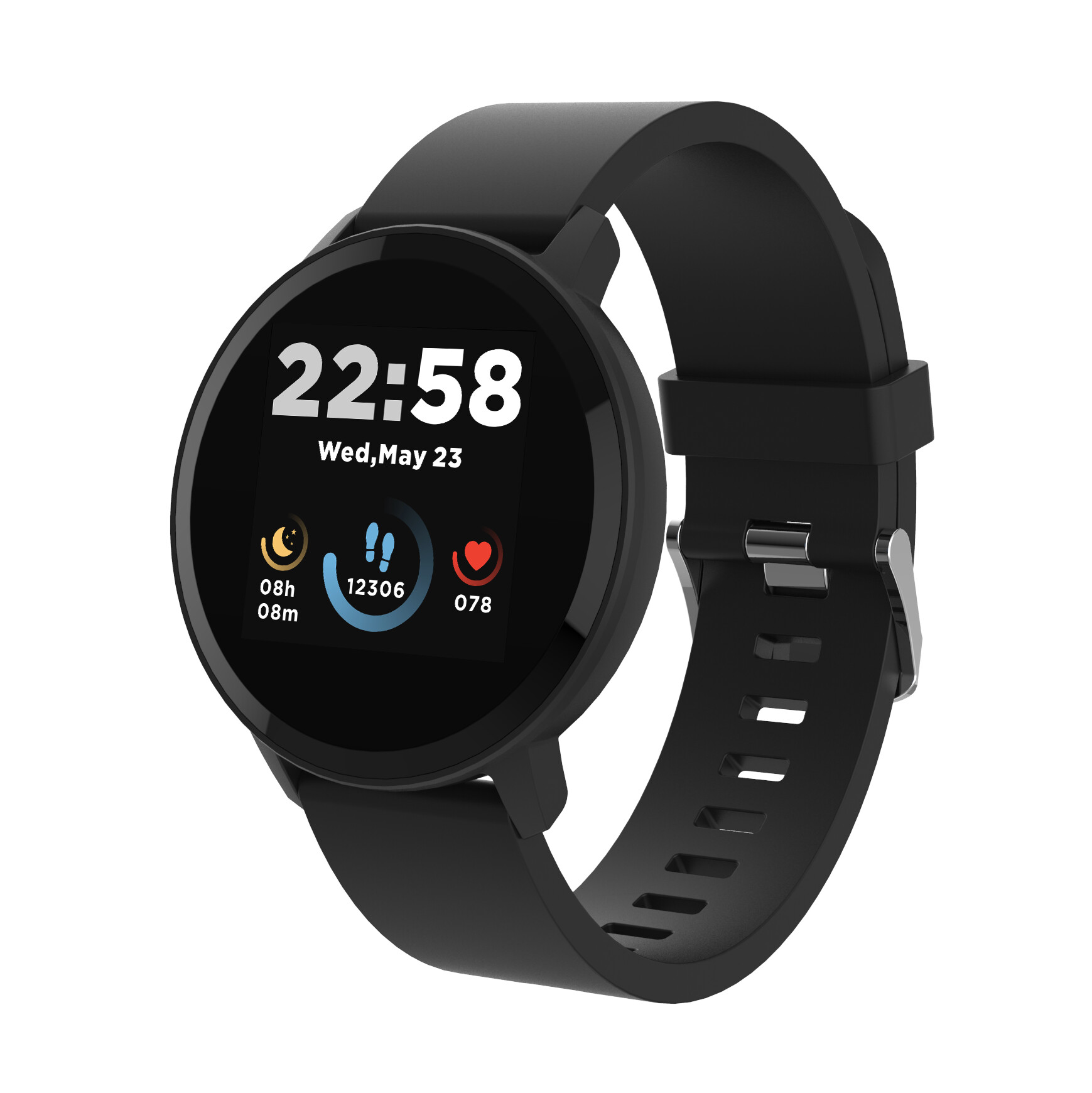 Czarny smartwatch z okrągłą tarczą pokazującą godzinę i statystyki. Ma czarny pasek.