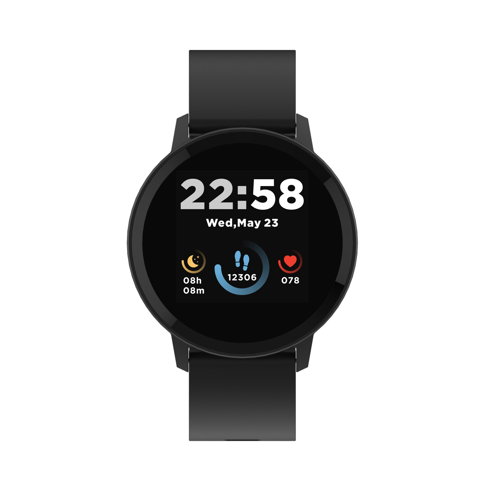 Czarny smartwatch wyświetlający czas, datę, kroki i tętno. Ekran jest okrągły.