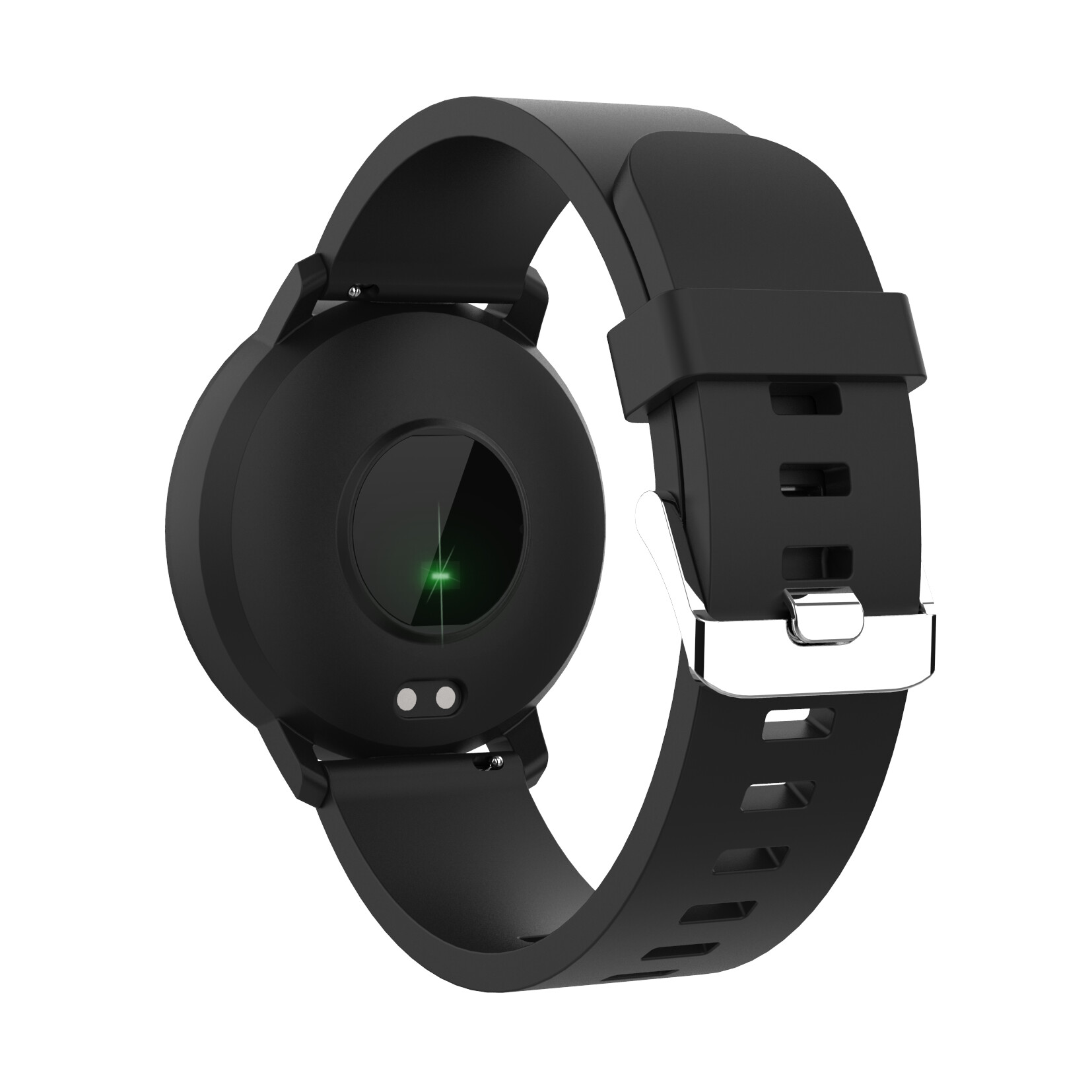 Czarny smartwatch z okrągłą tarczą. Tył pokazuje zielony czujnik światła i czarny pasek.