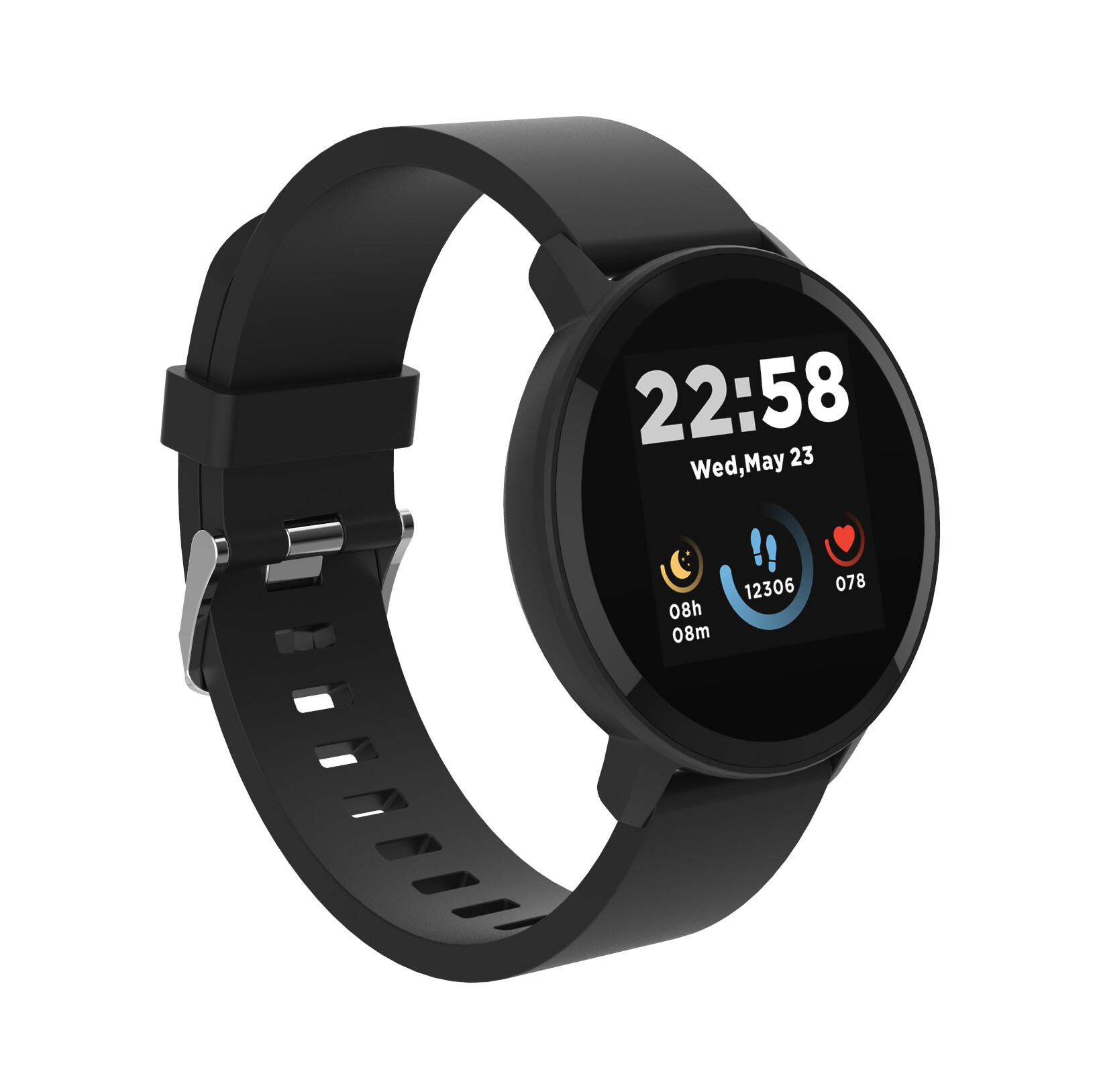 Czarny smartwatch z okrągłym ekranem. Wyświetla godzinę, datę, kroki i tętno. Czarny pasek.