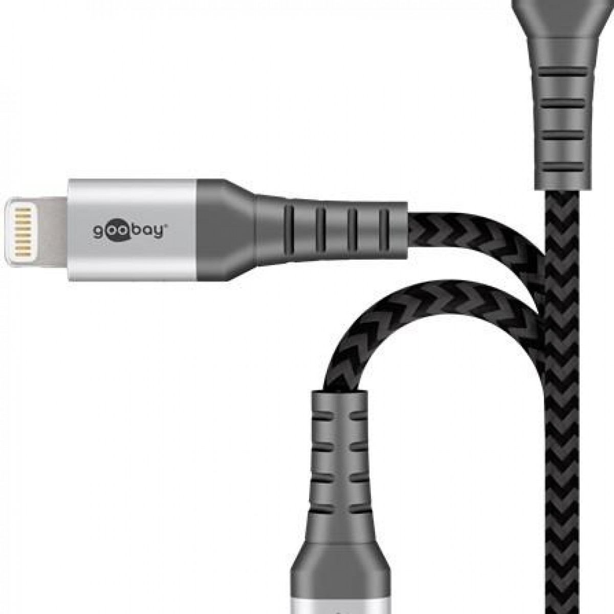 Silber-schwarzes Kabel mit Lightning-Anschluss. Die Marke ist goobay.