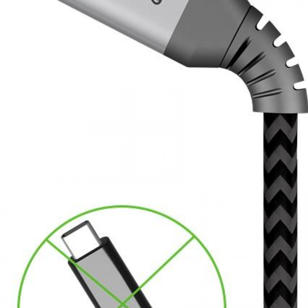 Nahaufnahme eines Ladekabels. Das Kabel ist schwarz mit grauen Akzenten und USB-C-Anschluss.
