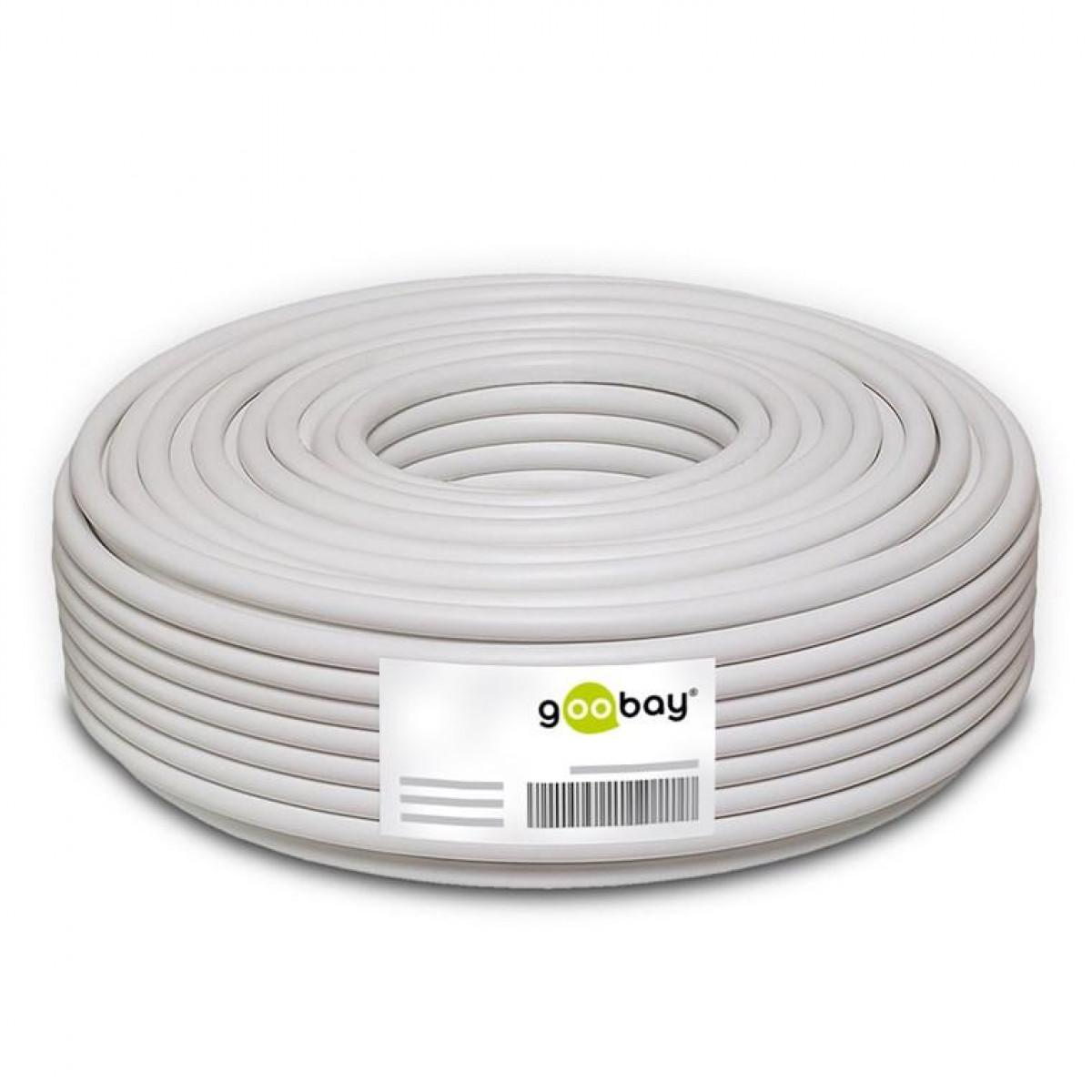 Ein weißes Kabel aufgerollt, mit einem Etikett mit der Aufschrift 'goobay'.