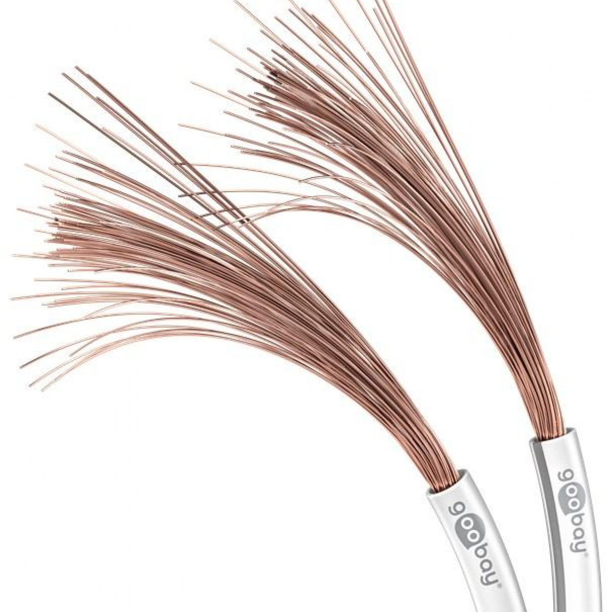 Zwei Bündel Kupferdrähte, die aus weißem Goobay-Kabel kommen. Drähte sind aufgefächert.