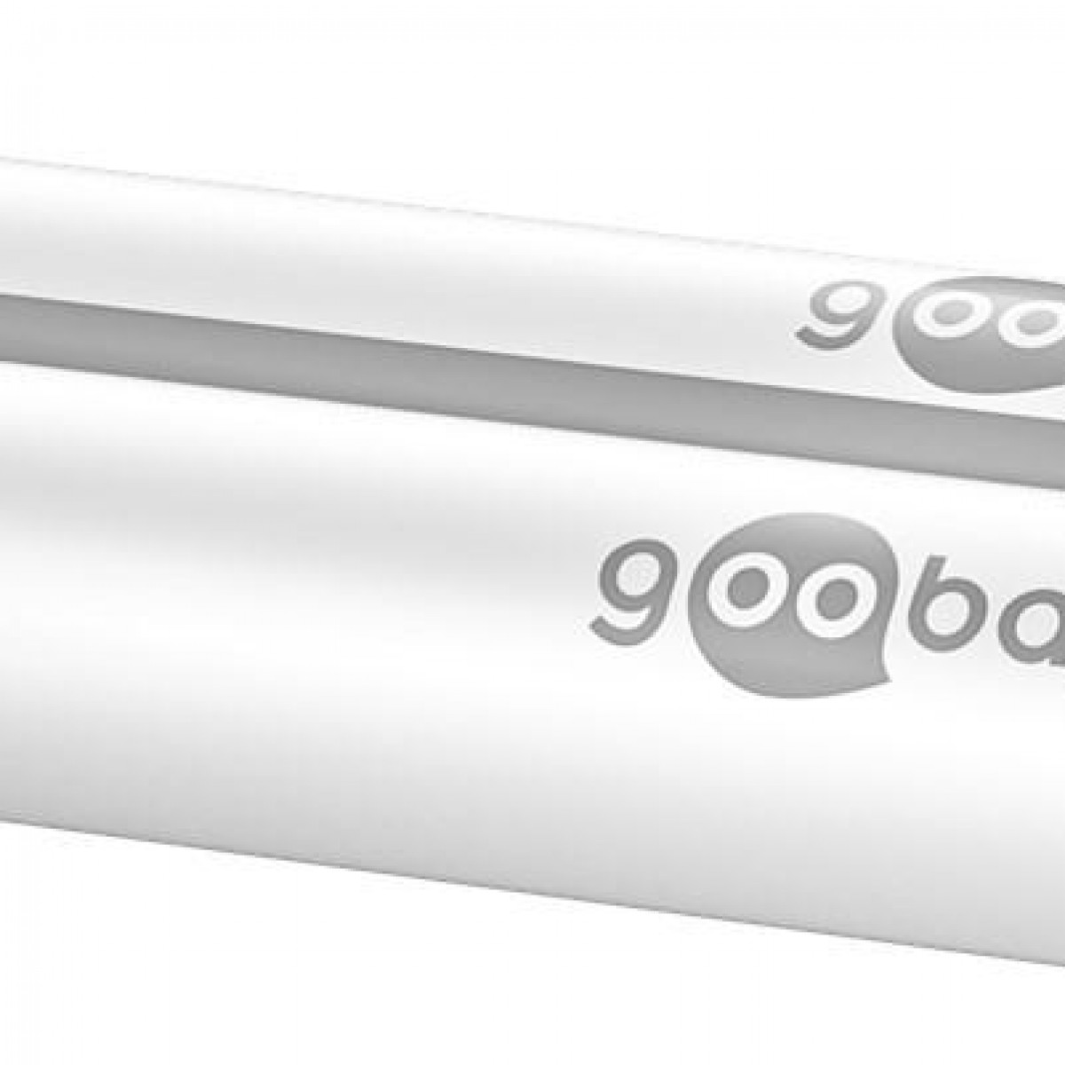 Nahaufnahme von zwei weißen, abgerundeten Gooba-Marke Zähneputzen-Sticks mit grauem Text.