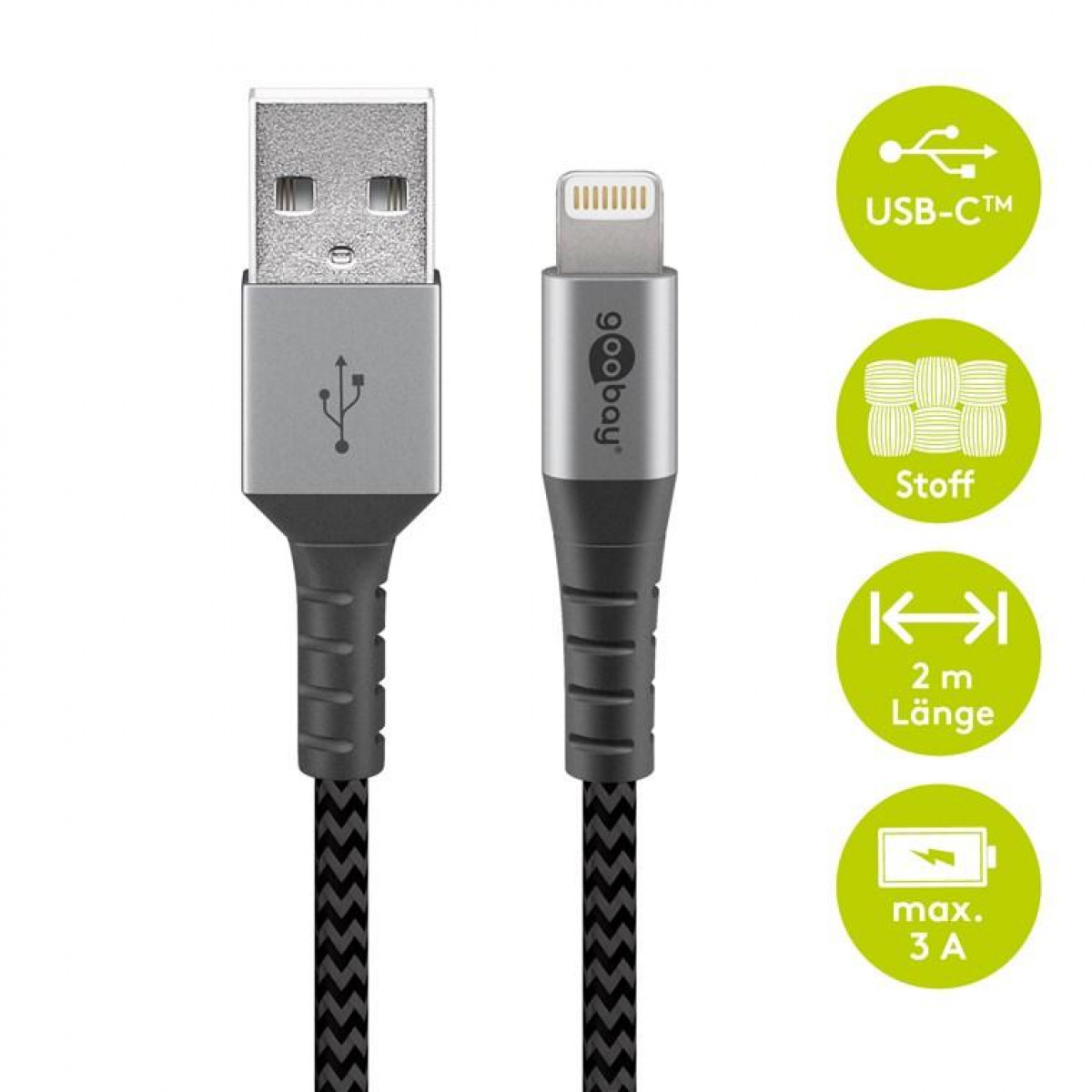 USB-zu-Lightning-Kabel. Das Kabel ist schwarz mit grauen Steckern. Es ist vor weißem Hintergrund.