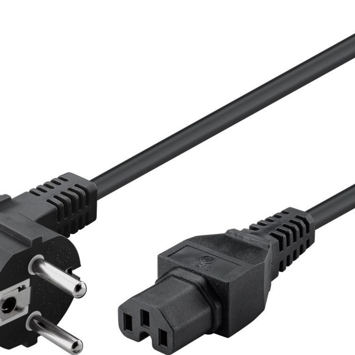 Schwarzes Netzkabel mit Euro-Stecker und IEC-Anschluss.