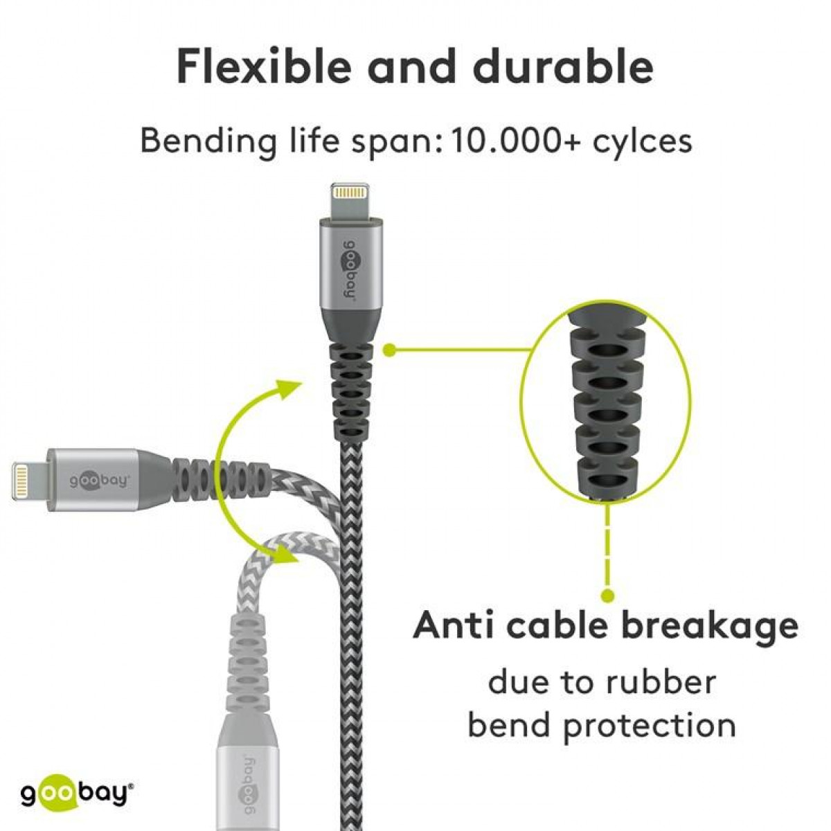 GOOBAY Textilkabel kabel, 2 m Lightning 2 Metallsteckern mit m