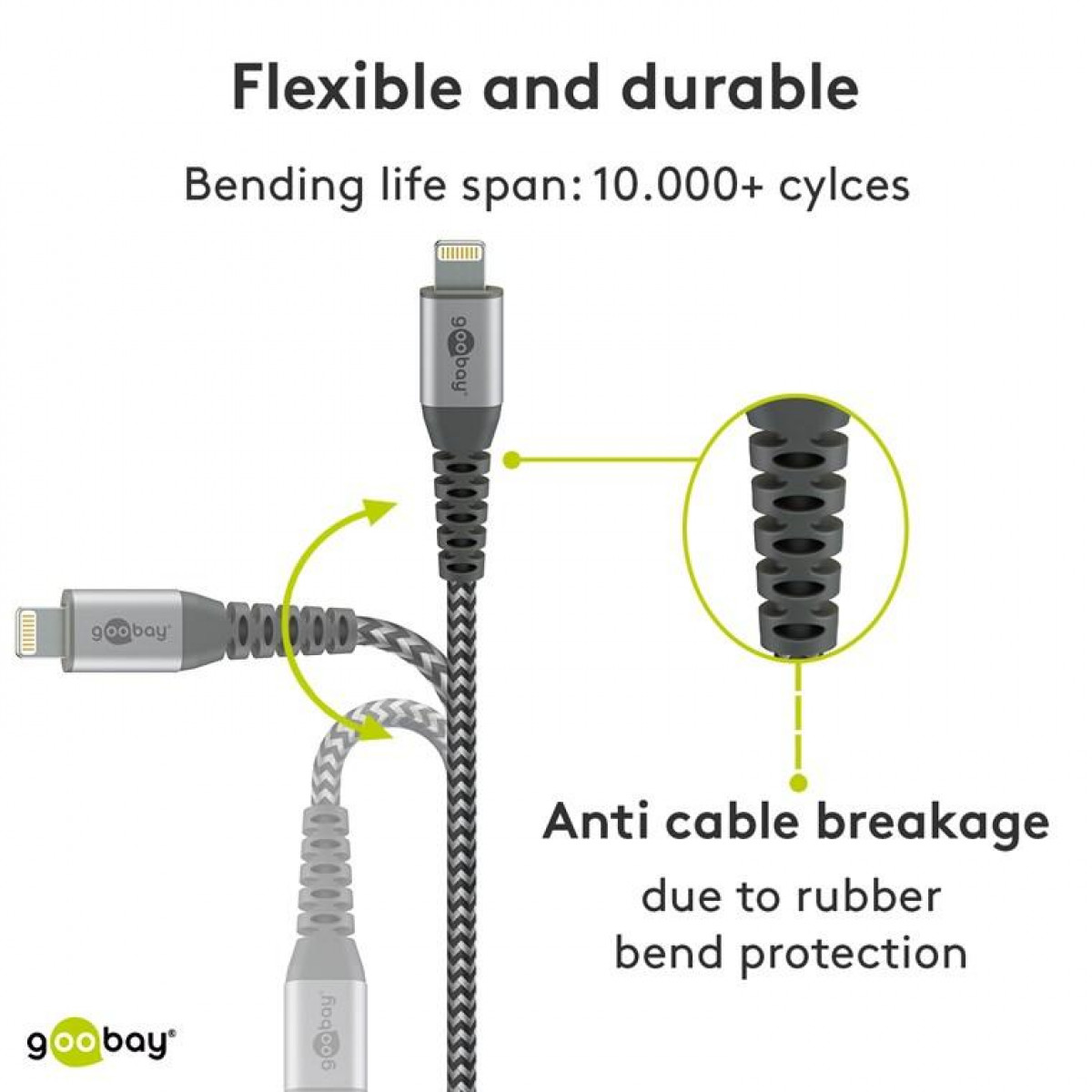 Bild zeigt ein Lightning-Kabel mit bruchsicheren Eigenschaften.