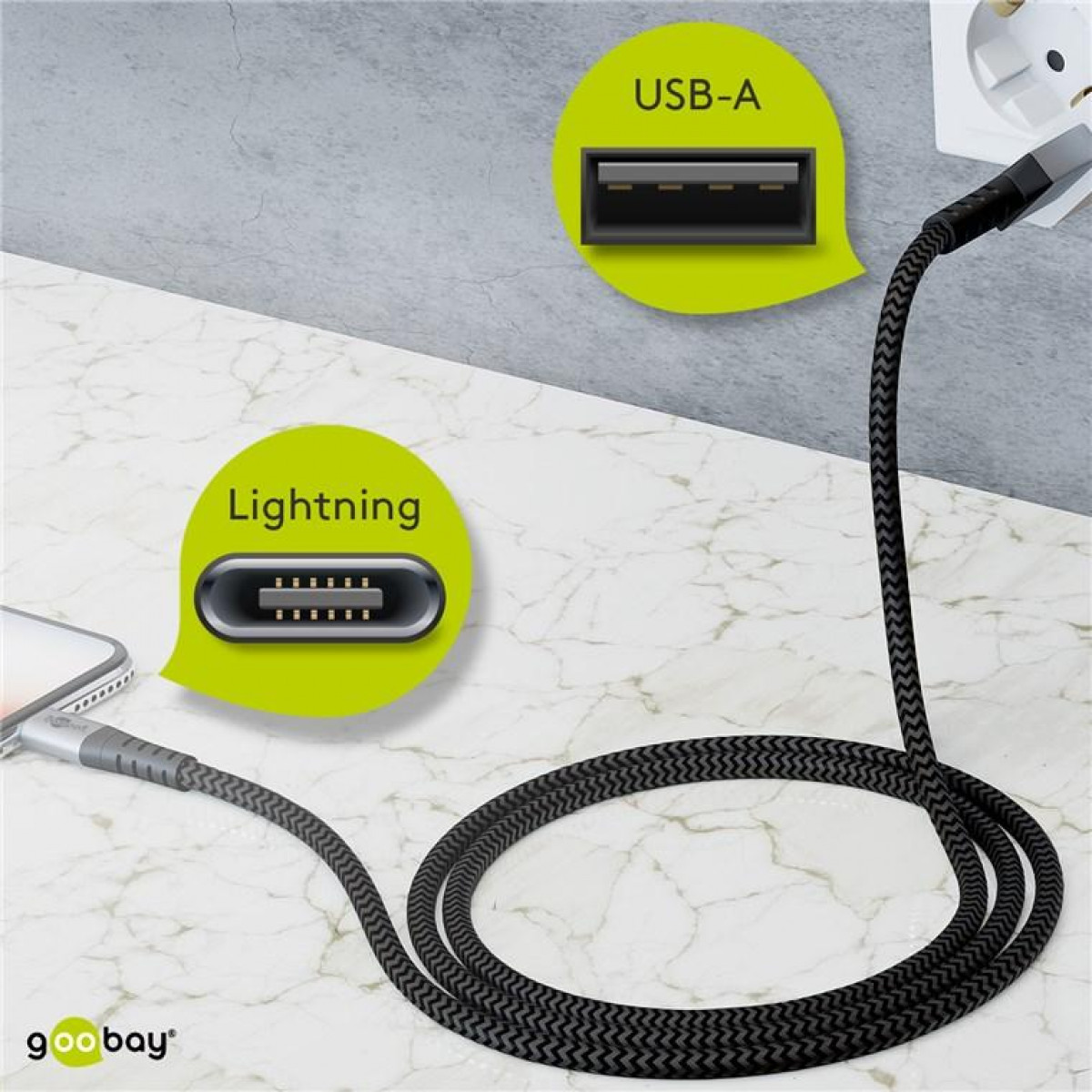 Schwarz-graues geflochtenes Ladekabel mit USB-A- und Lightning-Anschlüssen.