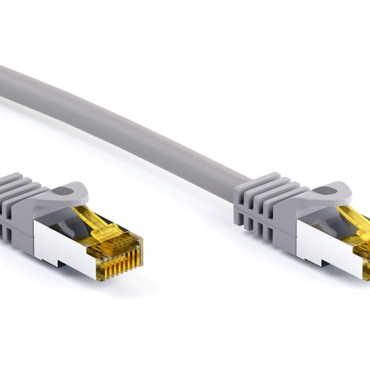 Szary kabel ethernet z żółtymi złączami na obu końcach.