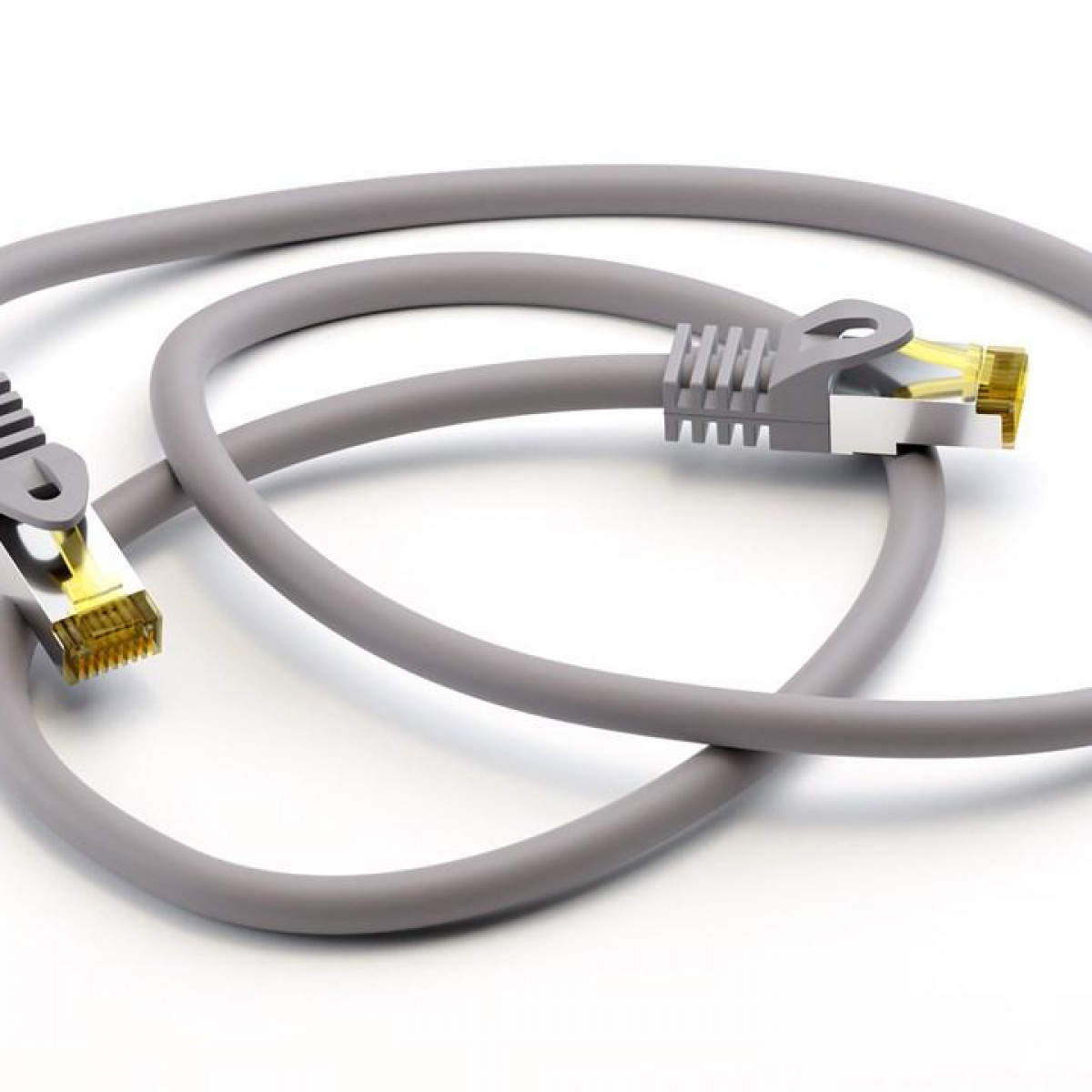 Szary kabel Ethernet z wtyczkami na każdym końcu.