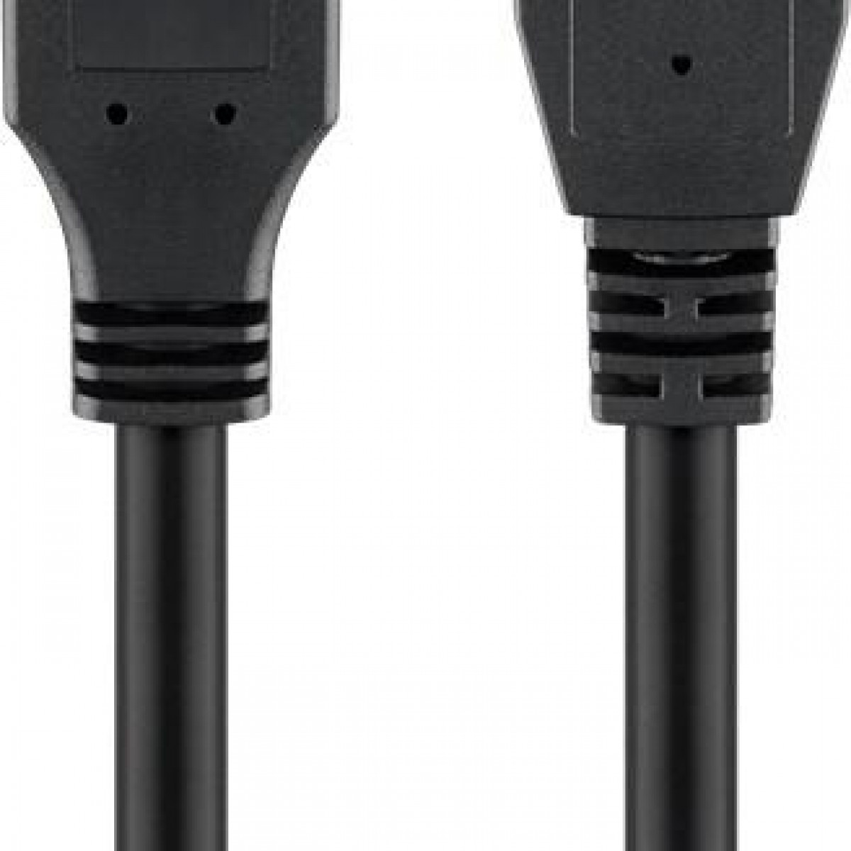 Due connettori HDMI neri con un cavo nero. Sono su sfondo bianco.