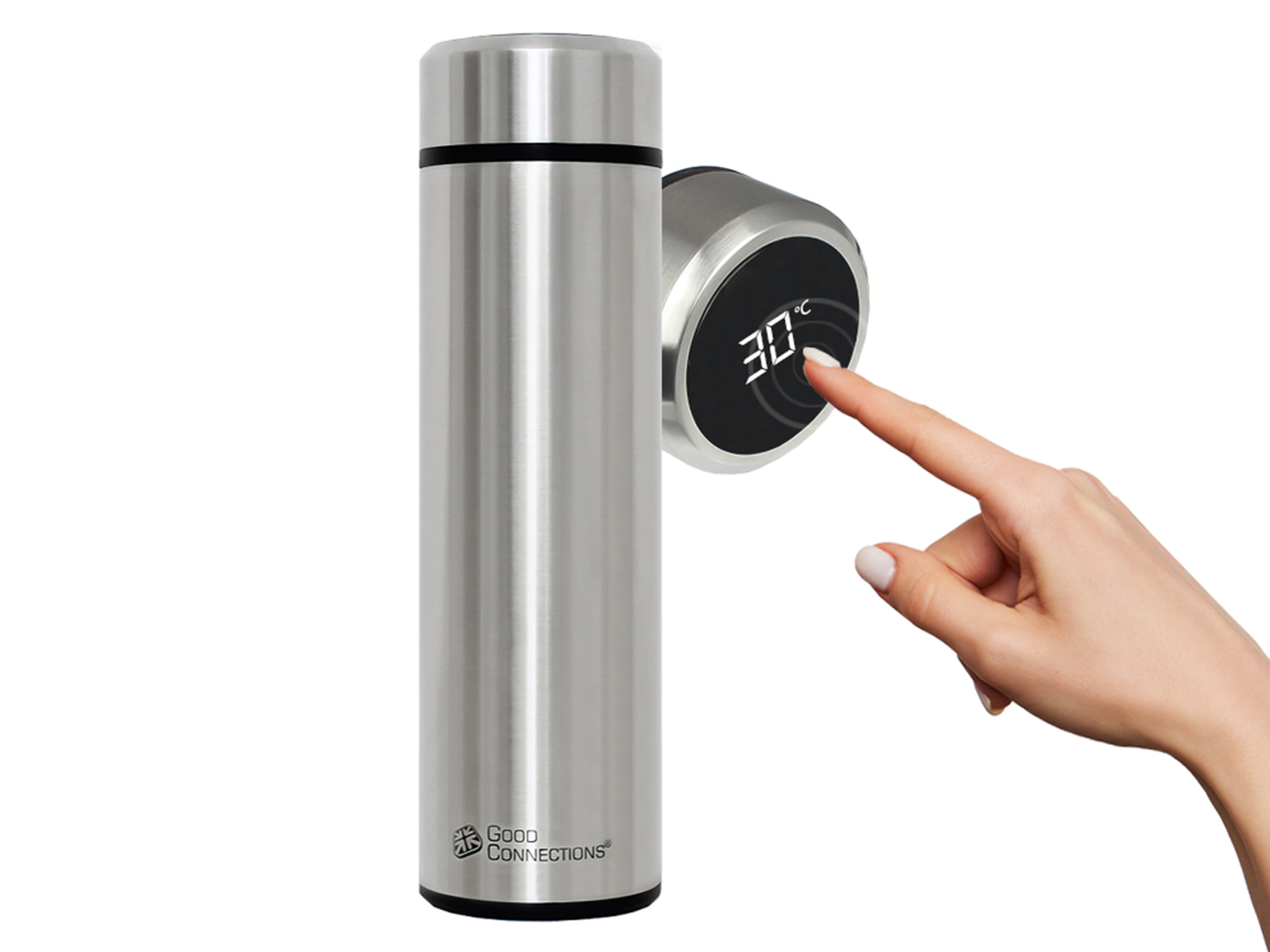 Eine Thermoskanne aus Edelstahl und eine Digitalanzeige. Ein Finger berührt die Temperaturanzeige, die 30 °C anzeigt.