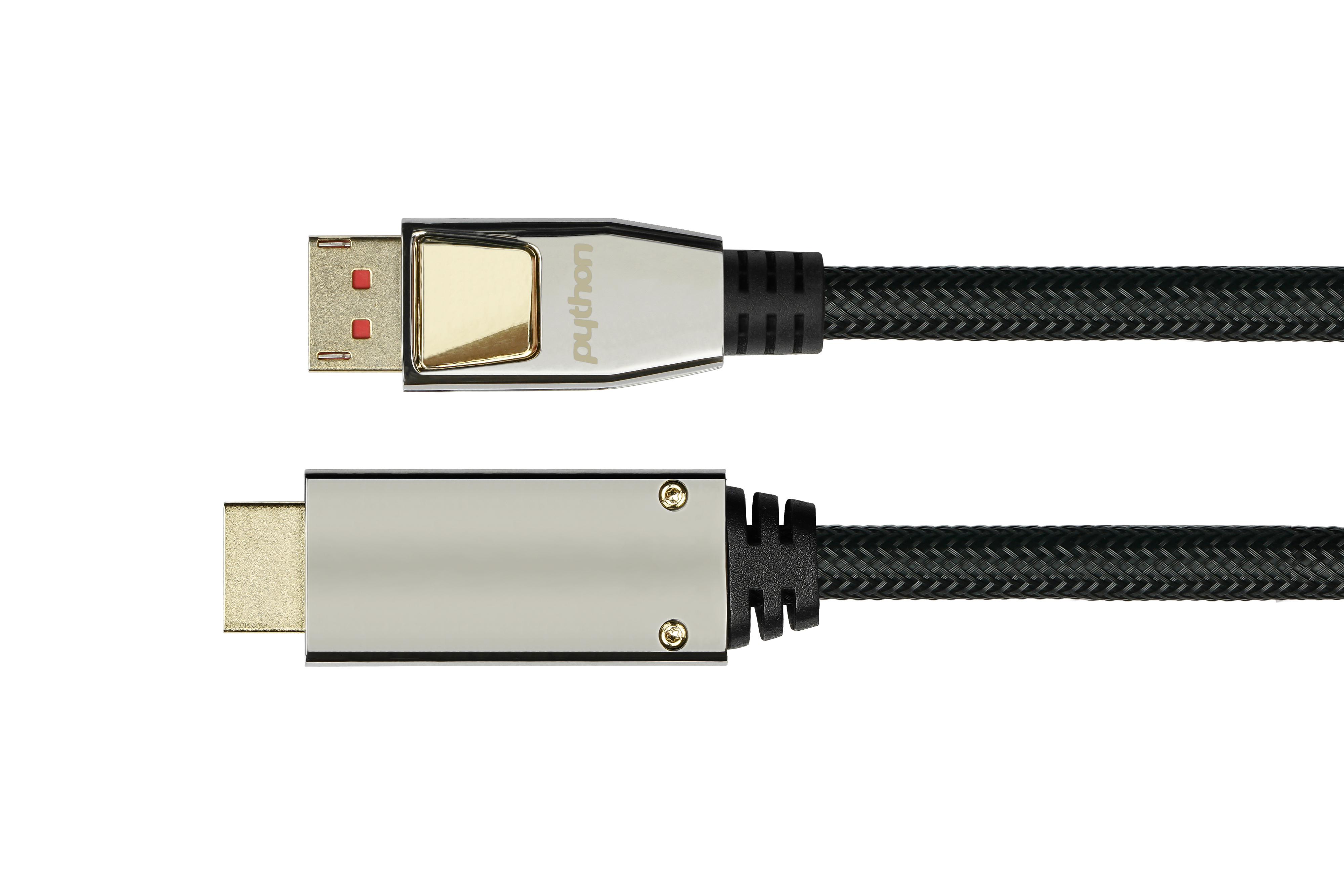 Schwarzes und goldenes HDMI-Kabel. Python-Logo. Silberner Stecker. Weißer Hintergrund.