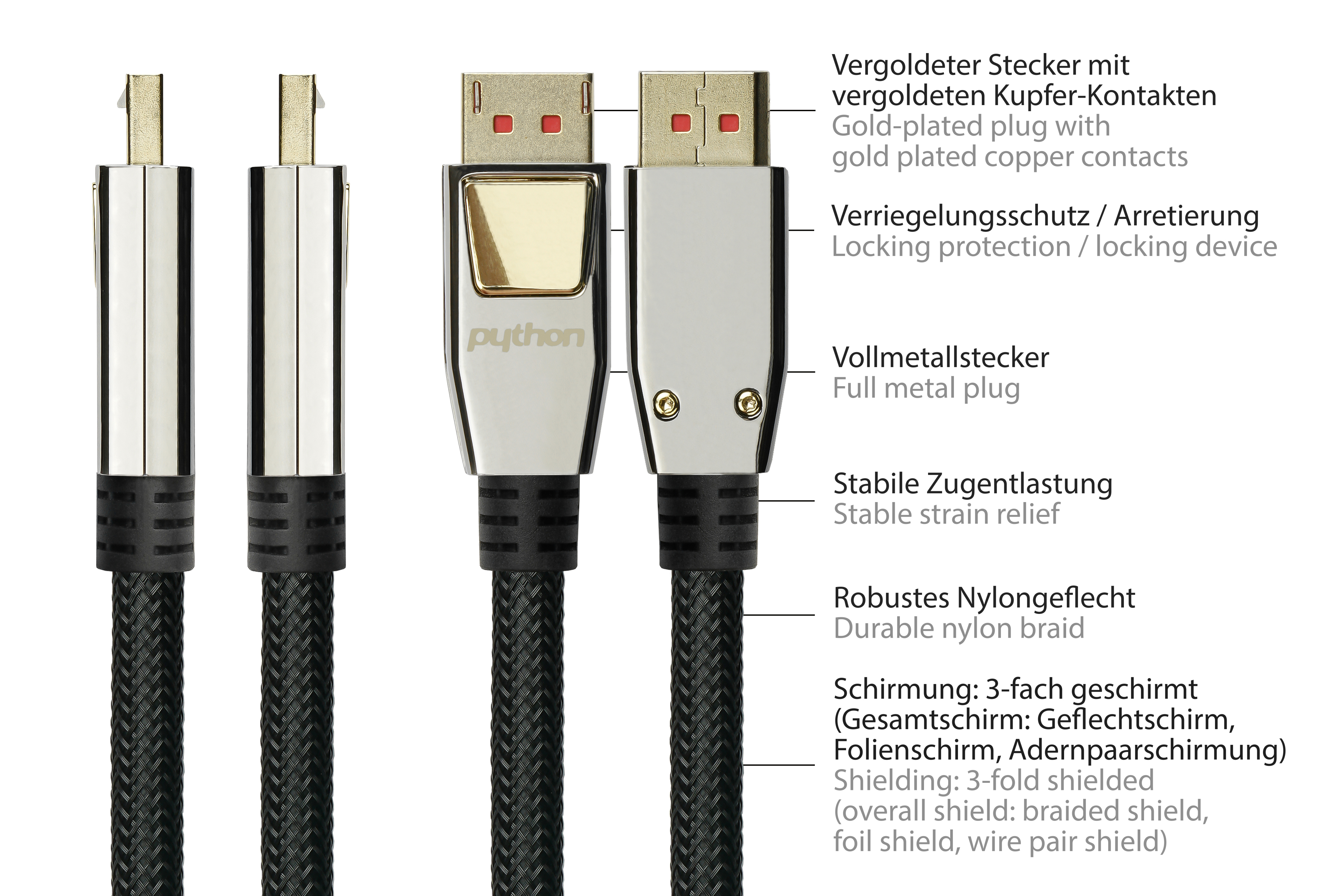 Vier DisplayPort-Kabel mit Beschriftung. Die Kabel haben vergoldete Stecker und Nylongeflecht mit Zugentlastung.
