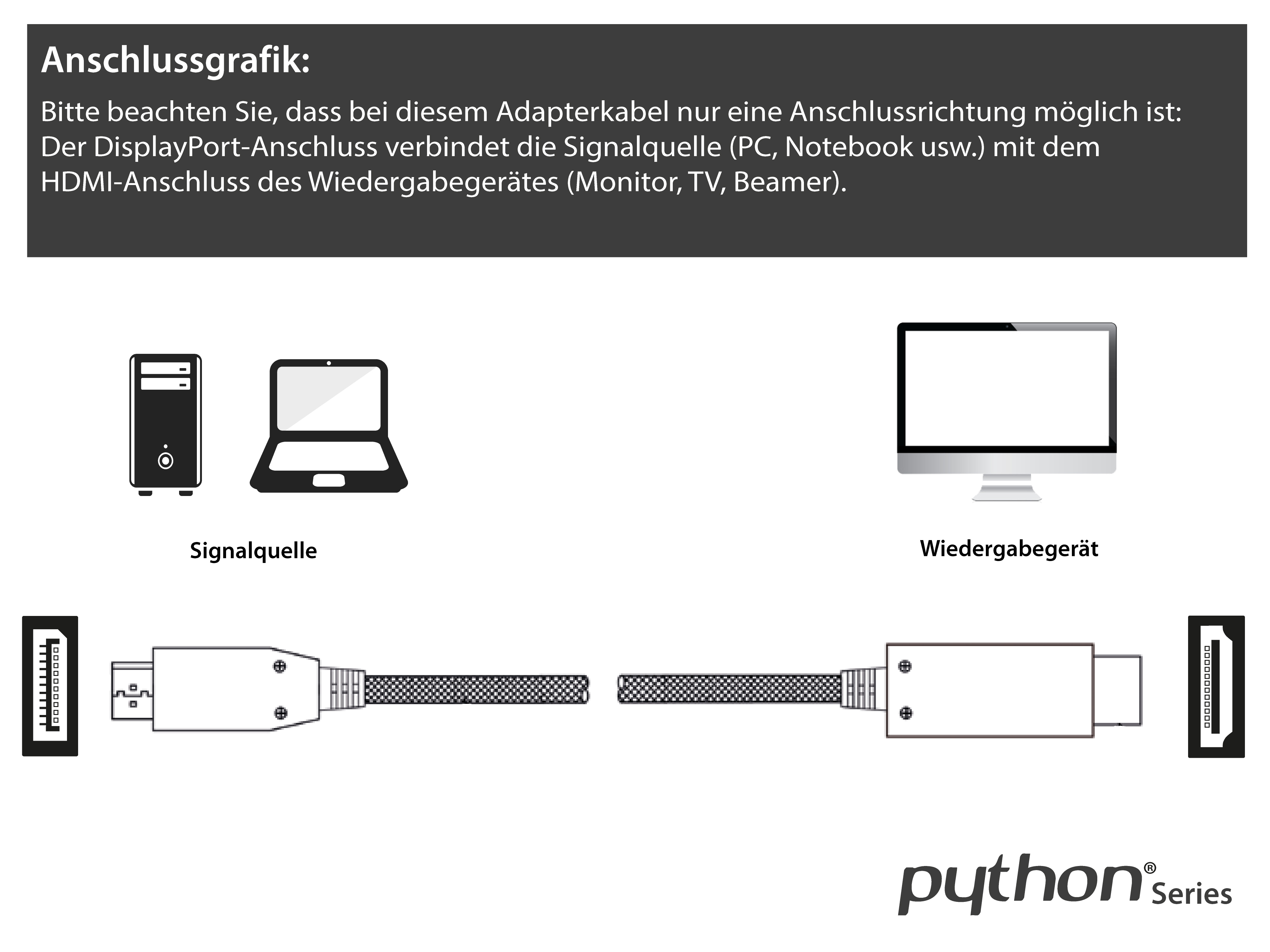 PYTHON HDMI DisplayPort schwarz, 3 3m, Anschlusskabel 1.4 an m 2.0, Displayport,