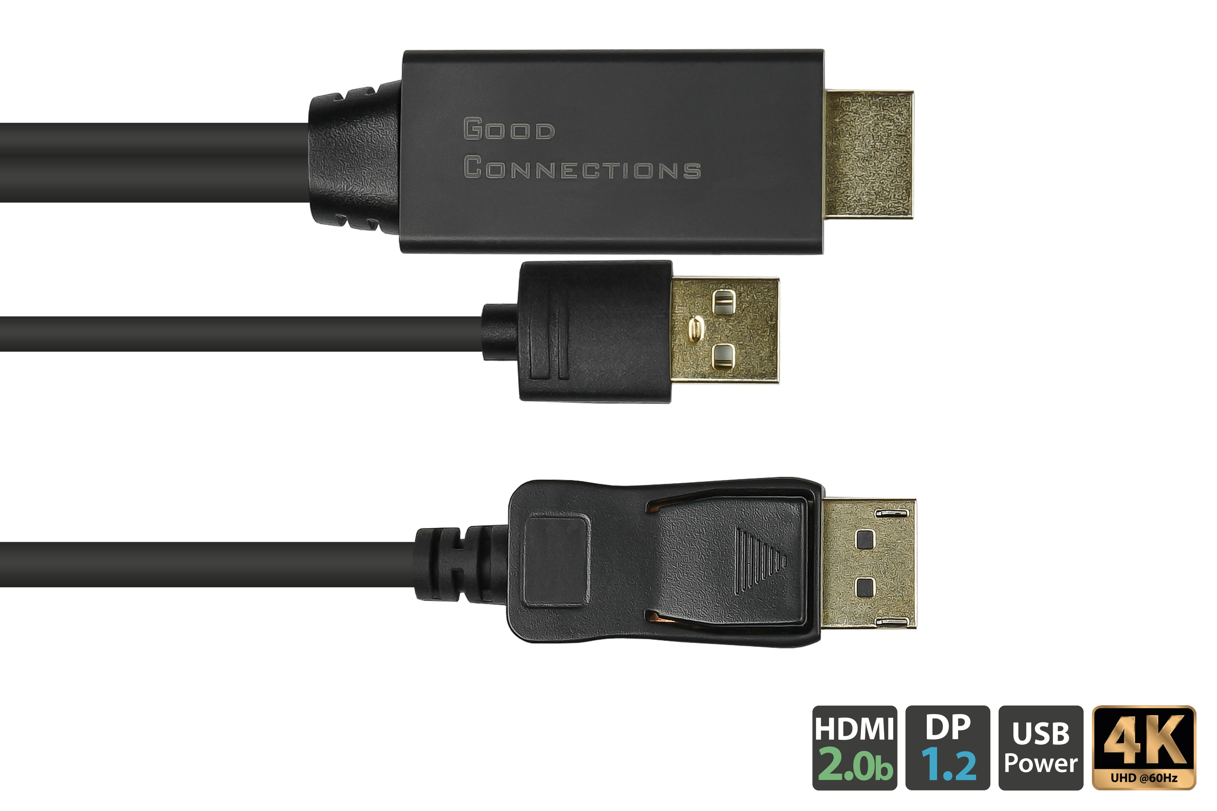 Tre cavi neri con diversi connettori, HDMI, USB e DisplayPort, con icone per 4K e alimentazione USB.