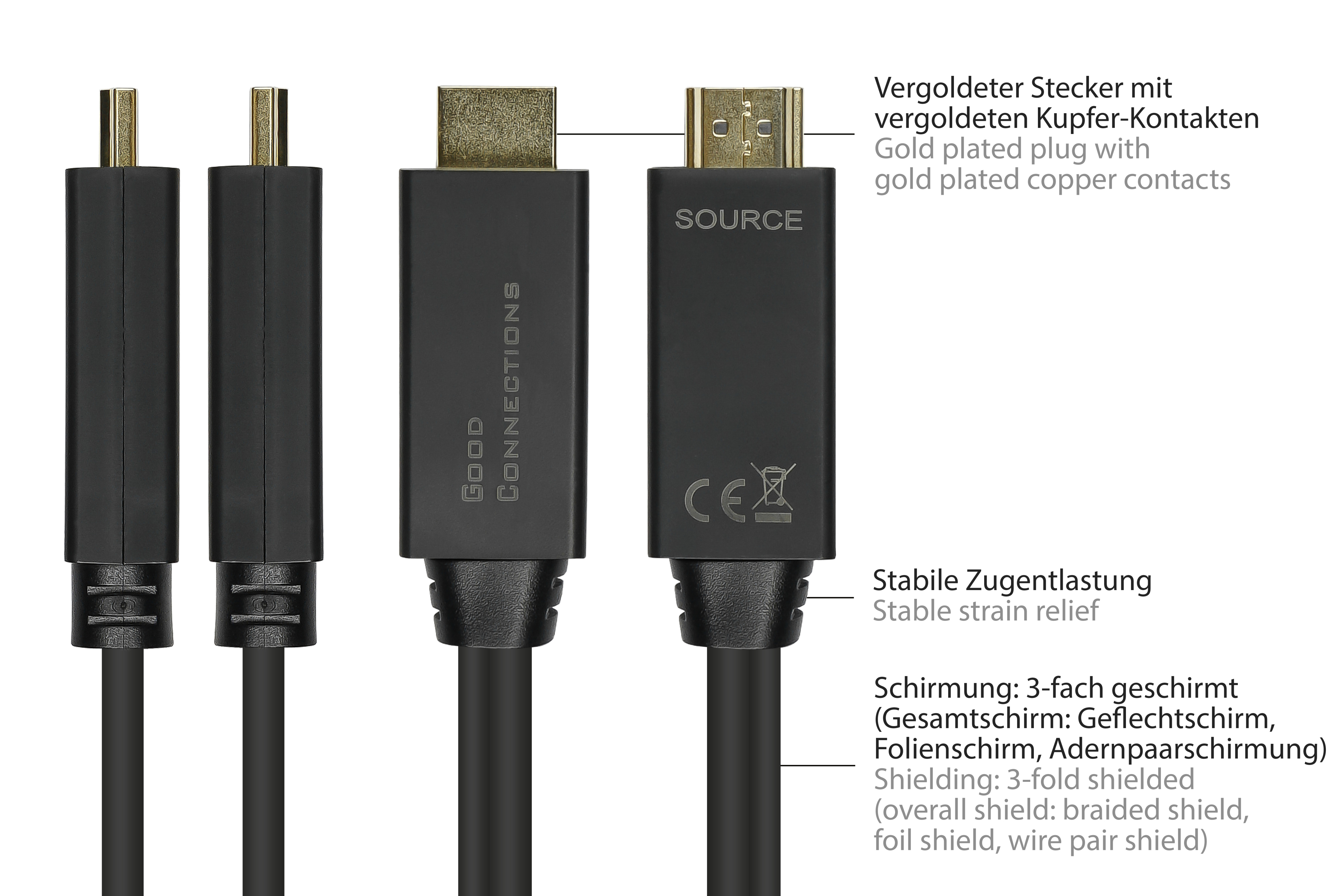 Cavo HDMI nero con connettori placcati oro ed etichette di testo.