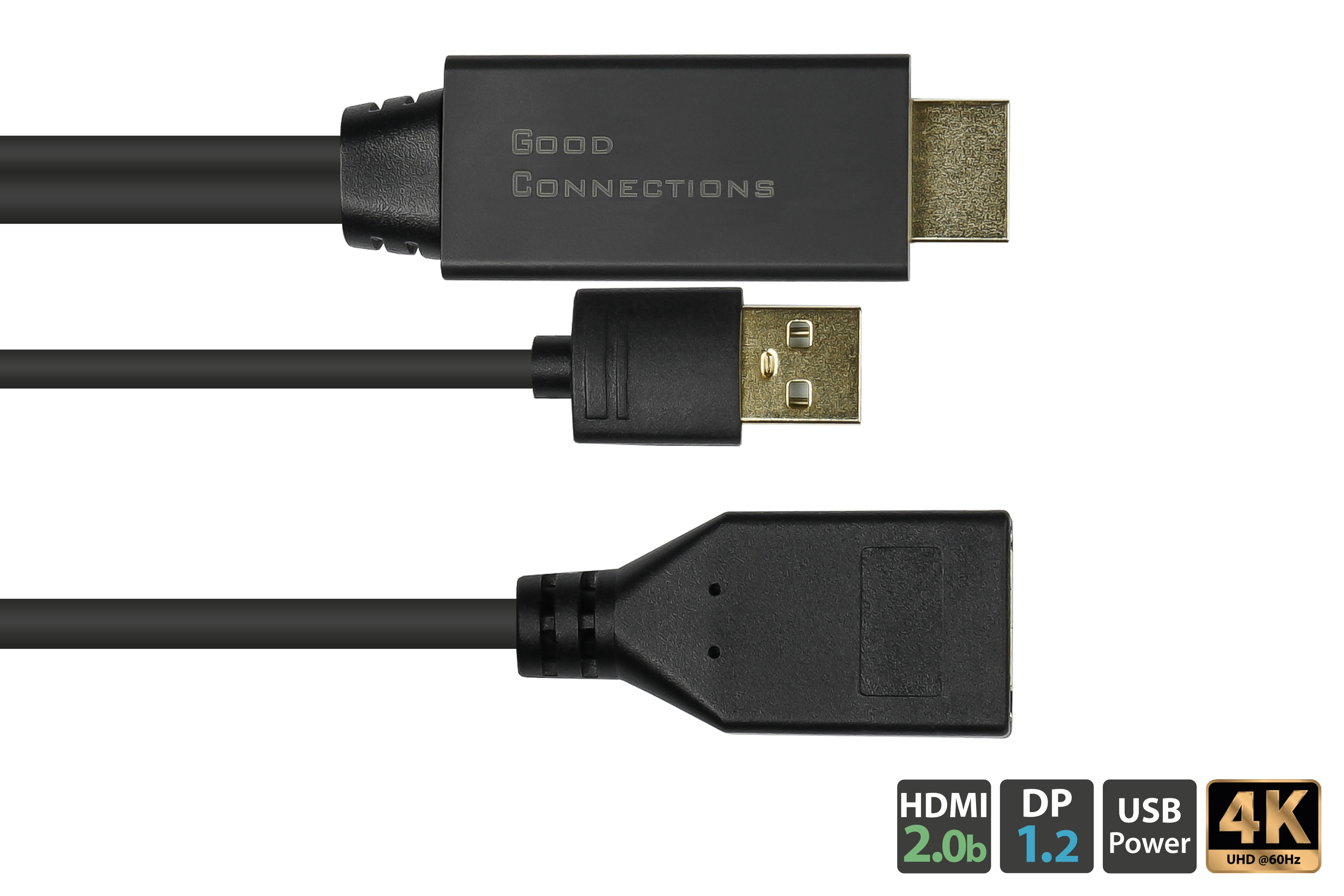 Cavi neri con connettori, etichettati HDMI 2.0b, DP 1.2, USB Power e 4K UHD 60Hz.