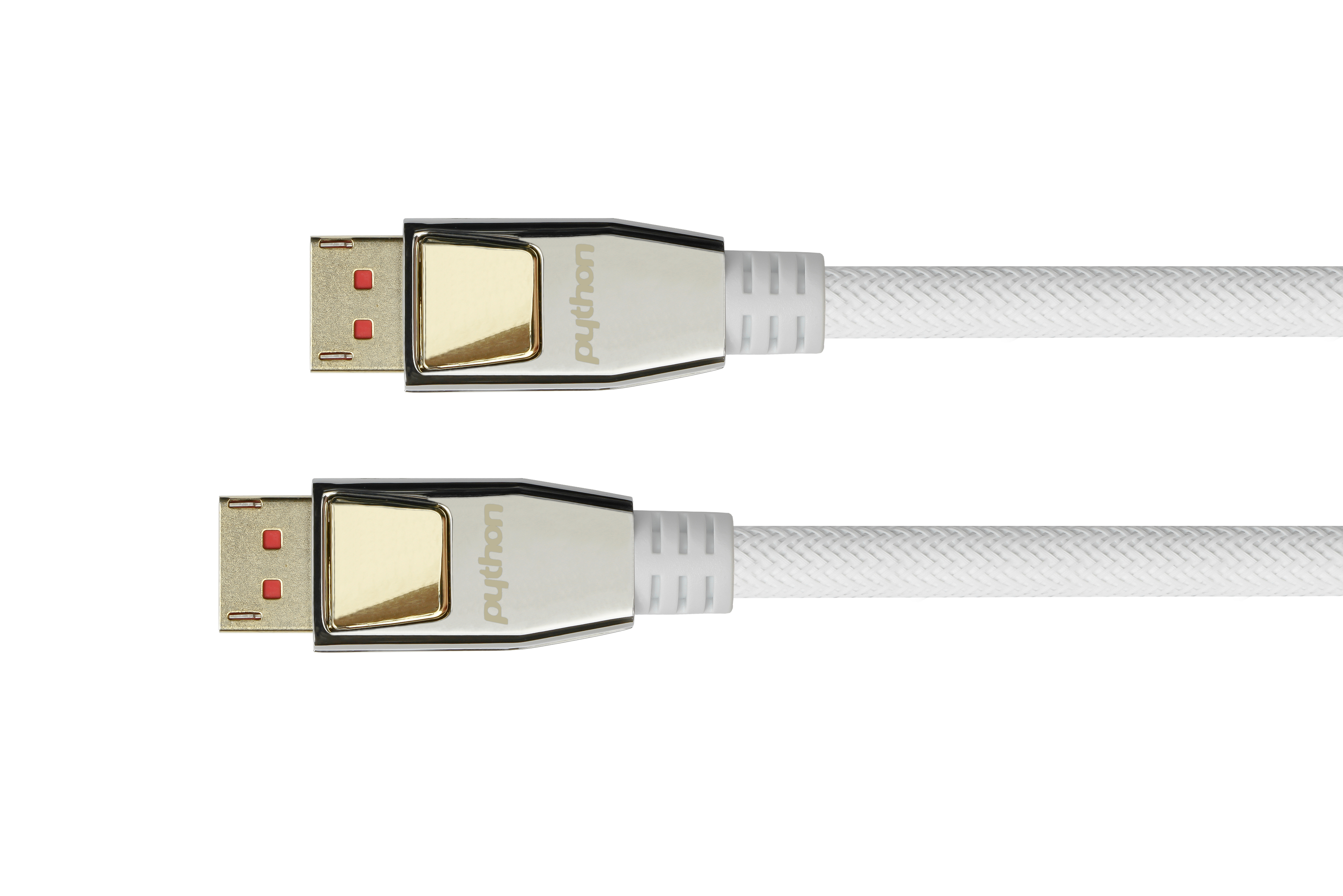 Weißes Kabel mit Steckern. Stecker sind aus Metall.