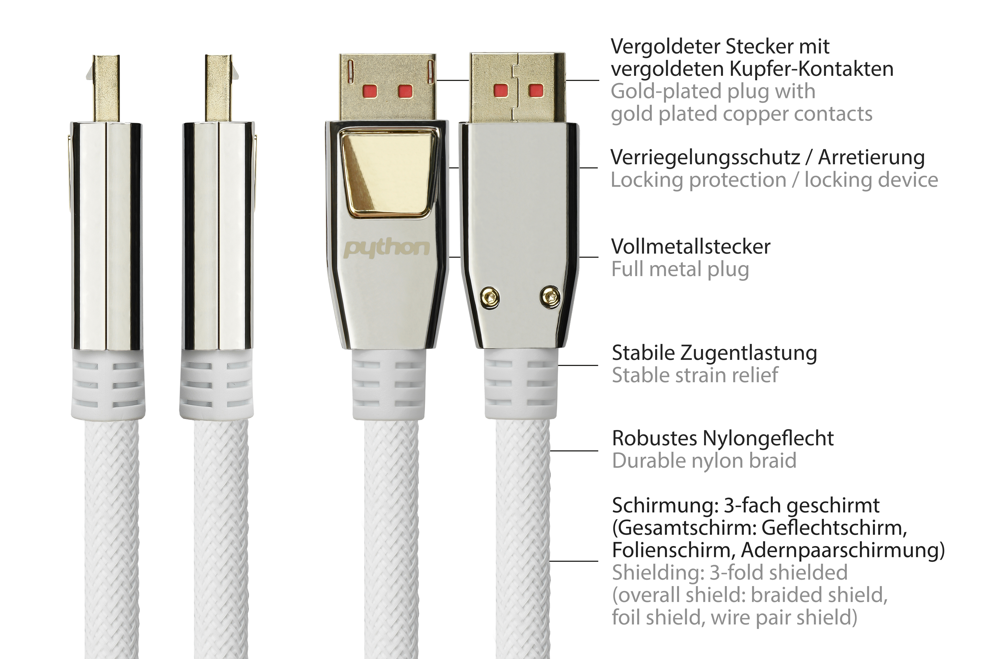 Verschiedene Teile eines weißen Kabels mit vergoldeten Steckern. Beschriftung auf Deutsch.