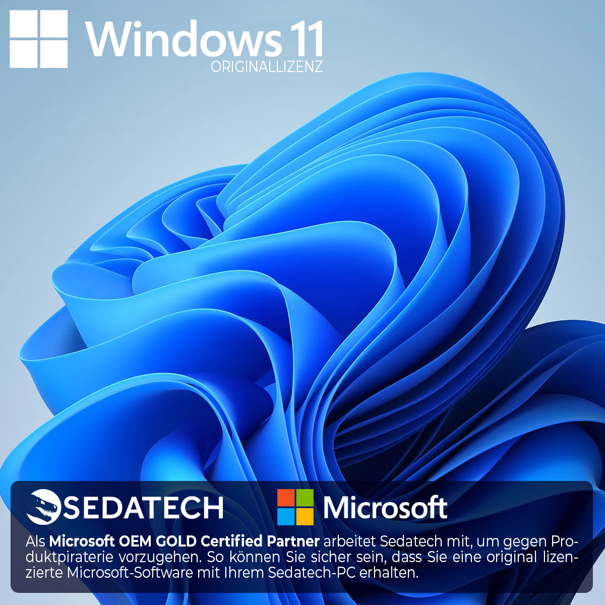 Blaues, abstraktes Windows 11-Bild mit Text und Logos für Lizenzierung und Microsoft.