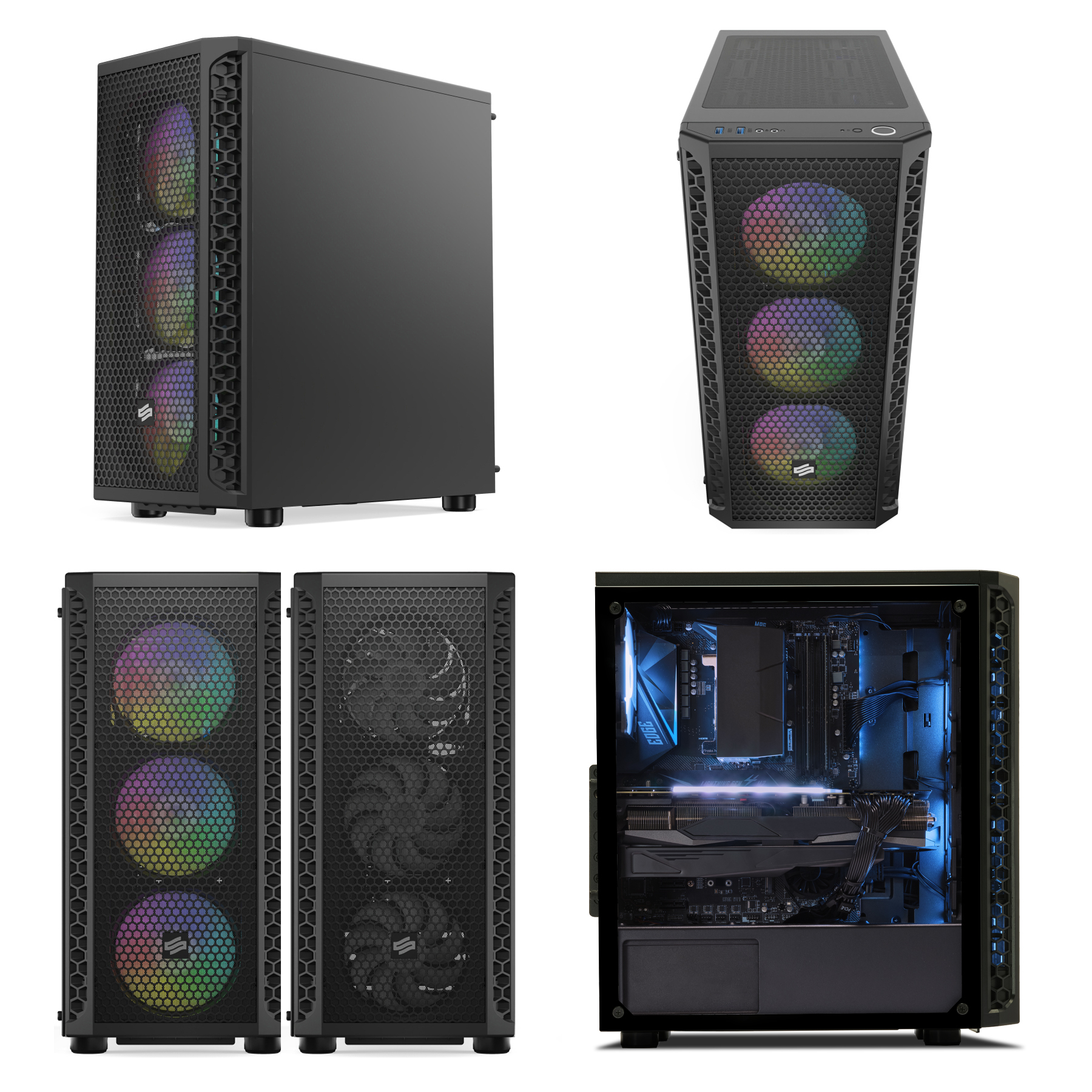 Schwarzes Computergehäuse mit RGB-Lüftern, mehrere Ansichten. Vorder-, Ober-, Seiten- und Innenansicht.