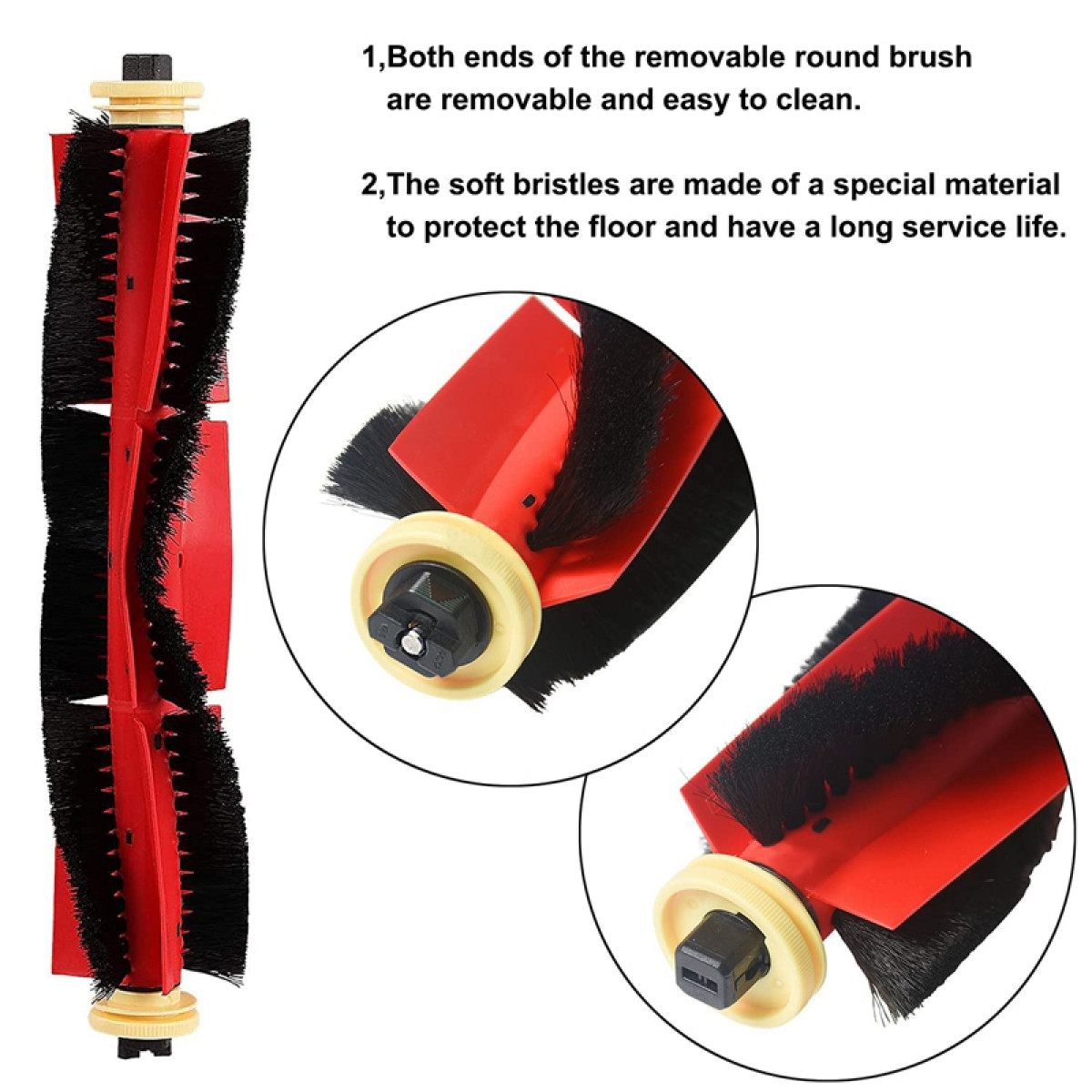 Czerwono-czarny element szczotki do odkurzacza z dwoma szczegółowymi zbliżeniami jego części.