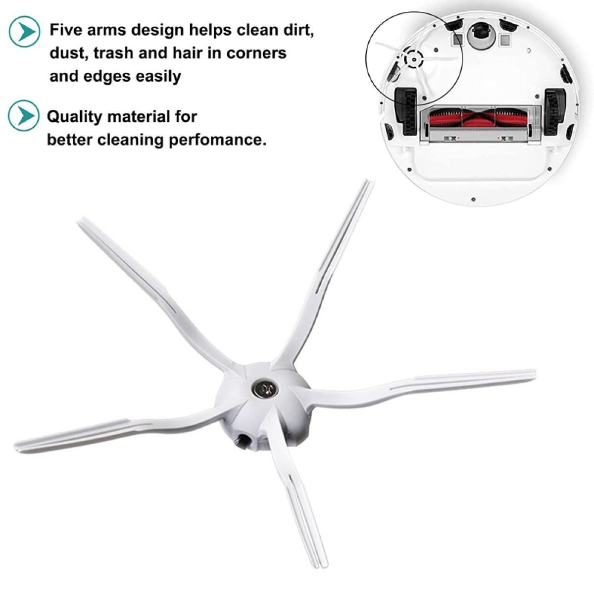 Białe części robota odkurzającego. Pięcioramienna konstrukcja pomaga w czyszczeniu narożników i krawędzi.