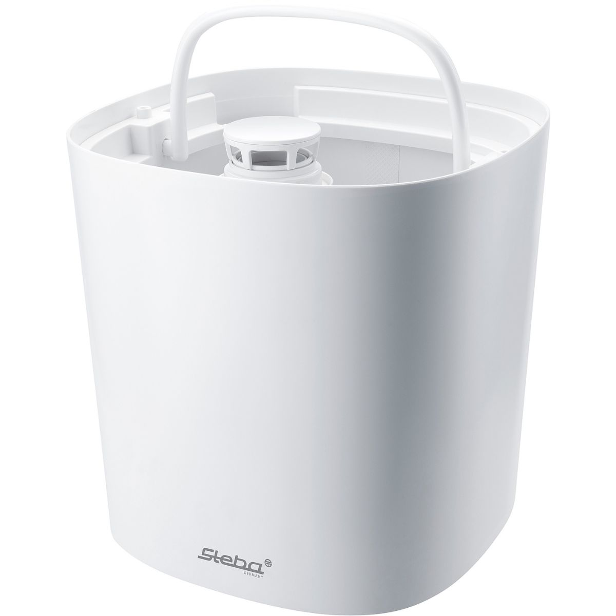 Aparato blanco, probablemente un humidificador, con asa y diseño cilíndrico.