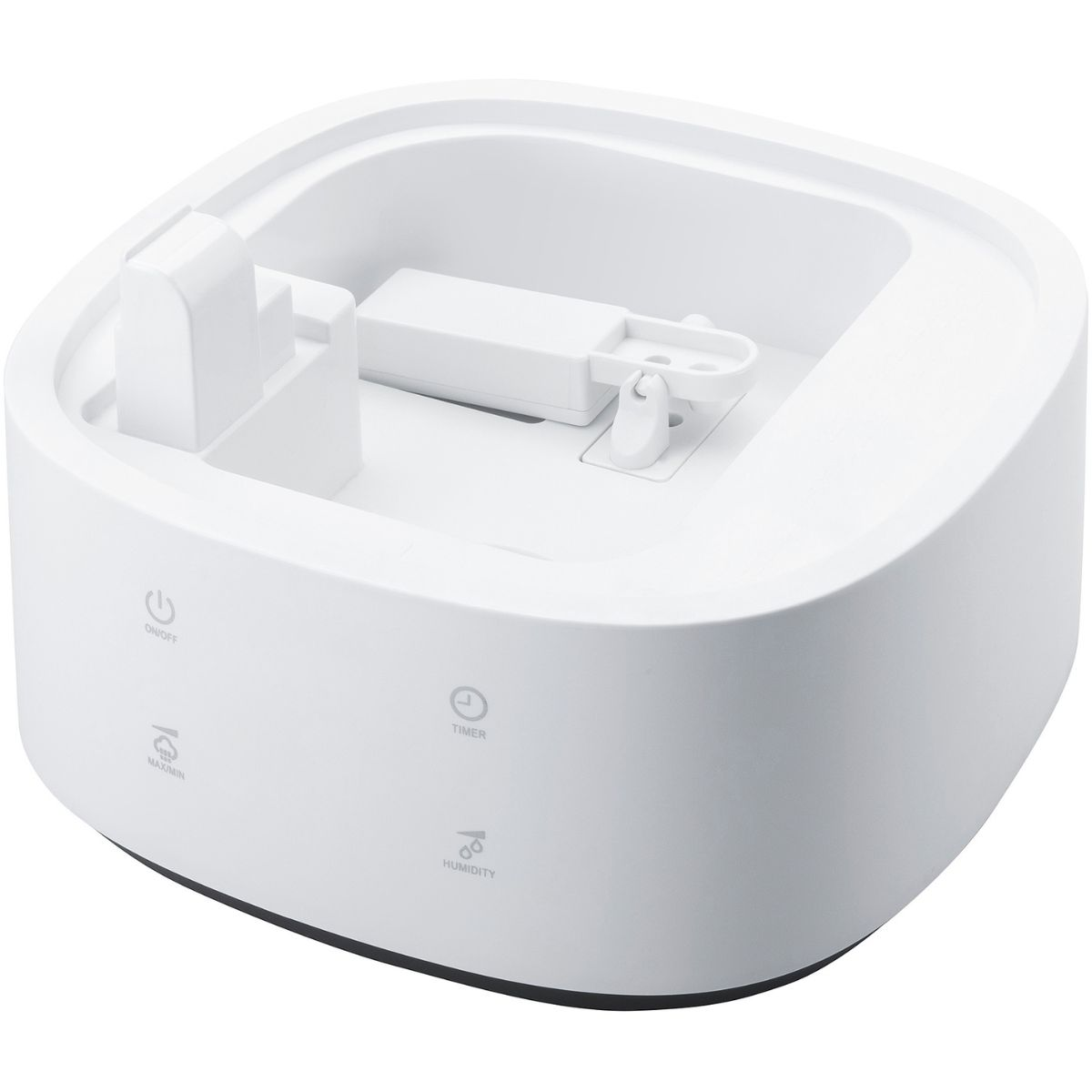 Humidificador blanco. Tiene botones para encendido/apagado, niebla, temporizador y ajustes de humedad.