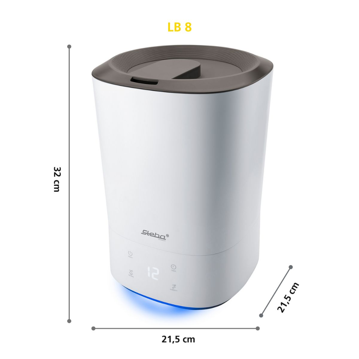 Humidificador blanco y gris con dimensiones. Tiene una pantalla digital y medidas.