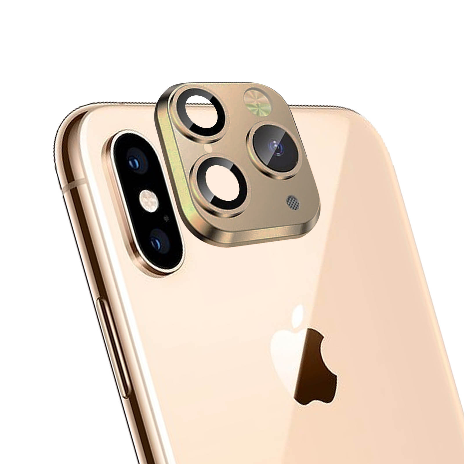 Un iPhone dorato con protezione per l'obiettivo della fotocamera. Le lenti della fotocamera del telefono sono visibili. Il logo Apple è sul retro.