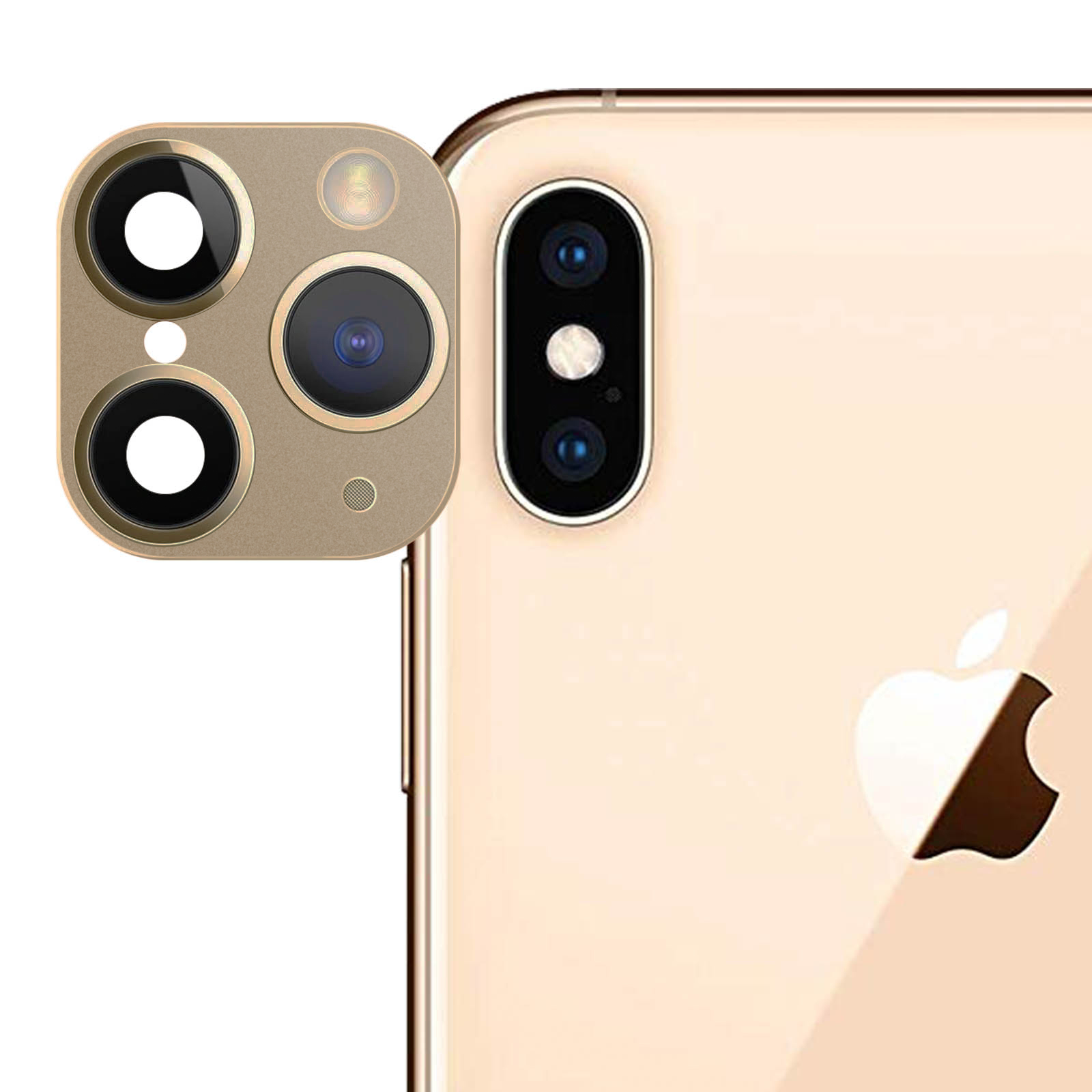 L'immagine mostra un iPhone dorato con un proteggi obiettivo. Il proteggi ha più ritagli per la fotocamera.