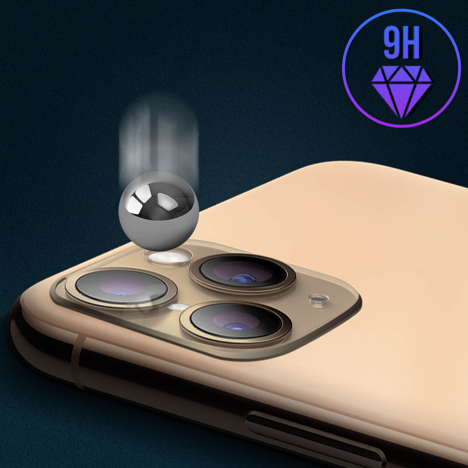 Fotocamera di un telefono con una sfera metallica che cade. Sullo sfondo un logo a diamante e la scritta 9H.