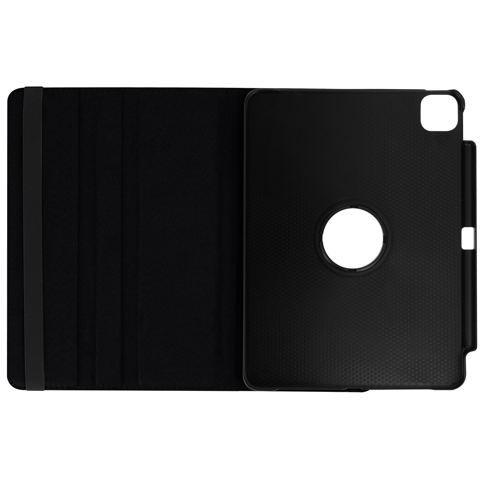 Custodia per tablet nera aperta, con supporto per tablet, fessura per penna e cinturino elastico.