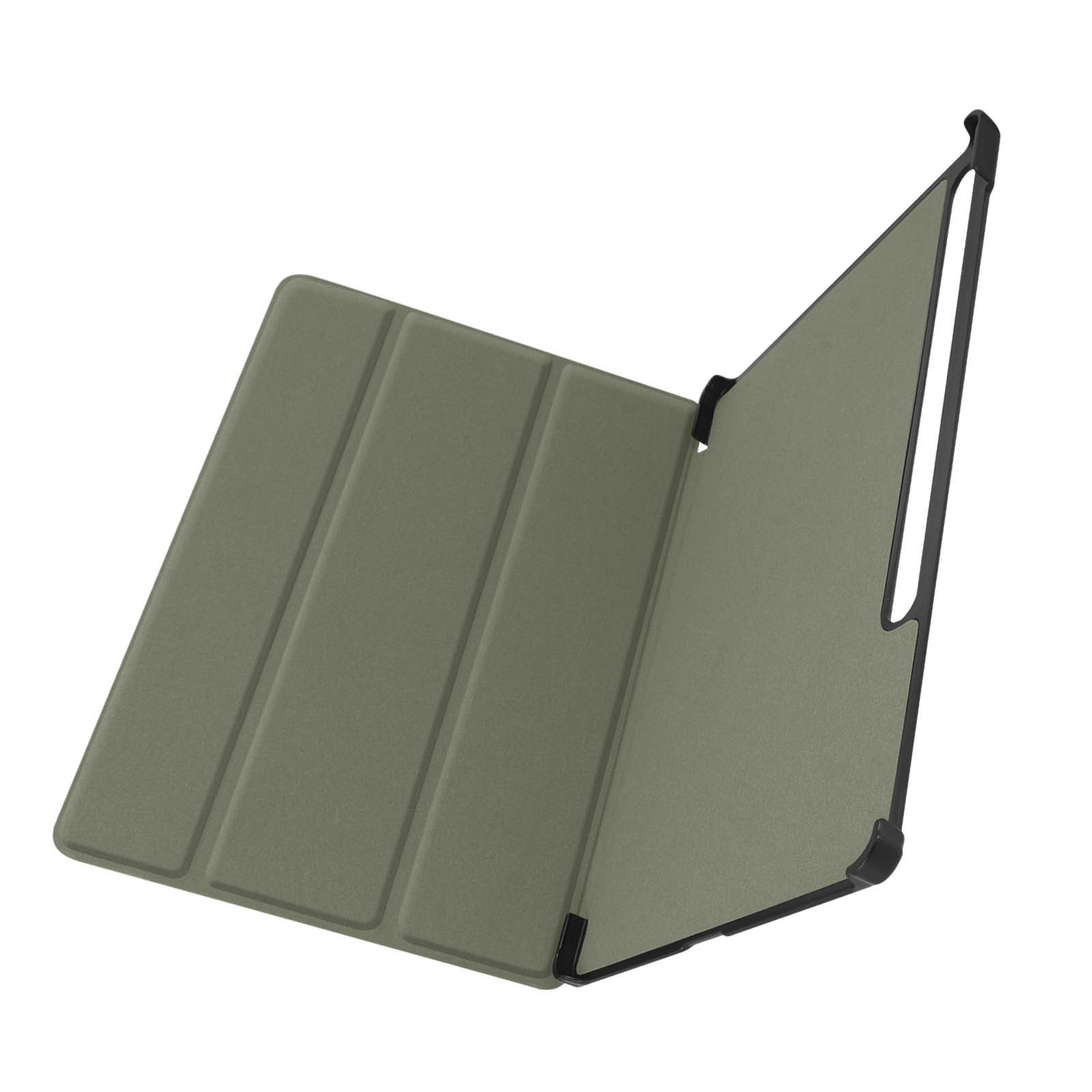 Custodia per tablet verde con supporto. La custodia è aperta su sfondo bianco.