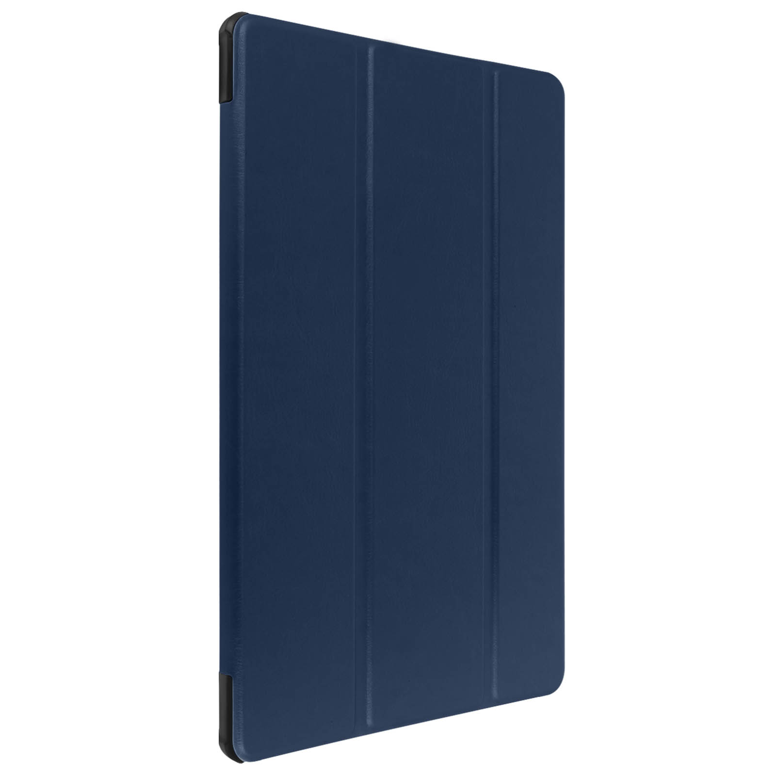 Custodia per tablet blu scuro, chiusa. Angoli neri e superficie liscia. Isolato su bianco.
