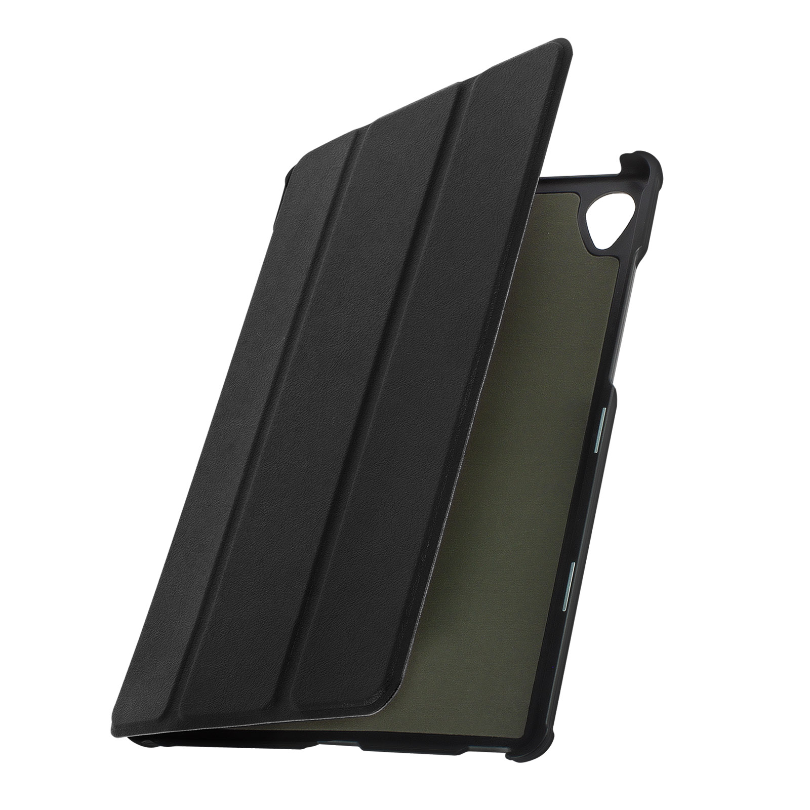 Una custodia per tablet con esterno nero e interno verde, aperta per mostrare lo schermo.