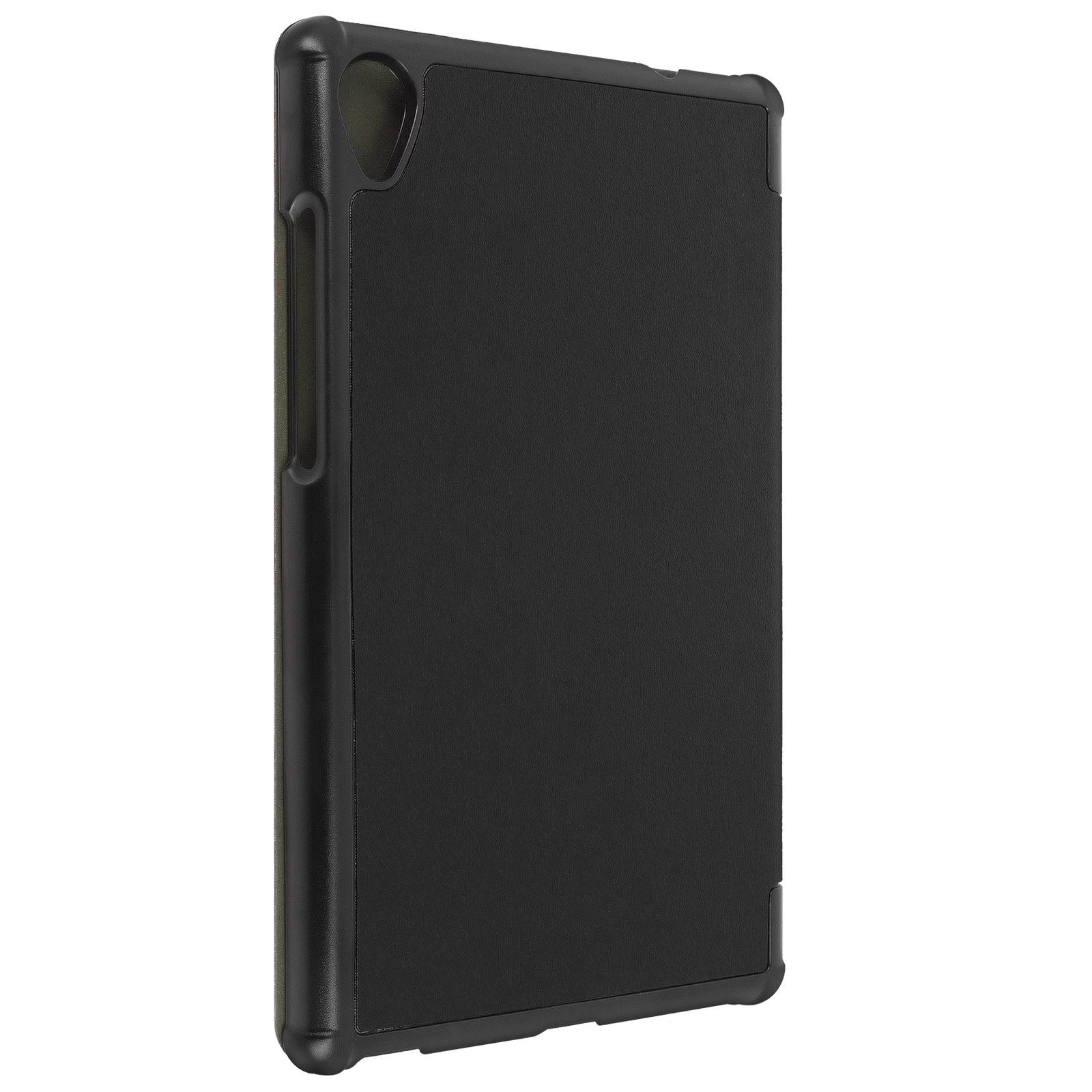 Una custodia nera per tablet, vista di lato. È una custodia rigida.
