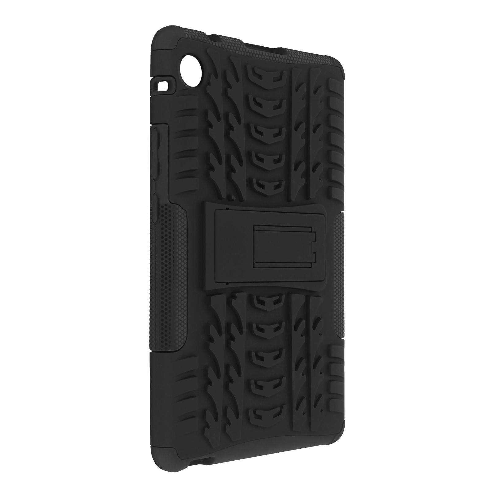 Schwarze Handyhülle mit robustem Design und Ständer auf der Rückseite. Es ist eine Schutzhülle.
