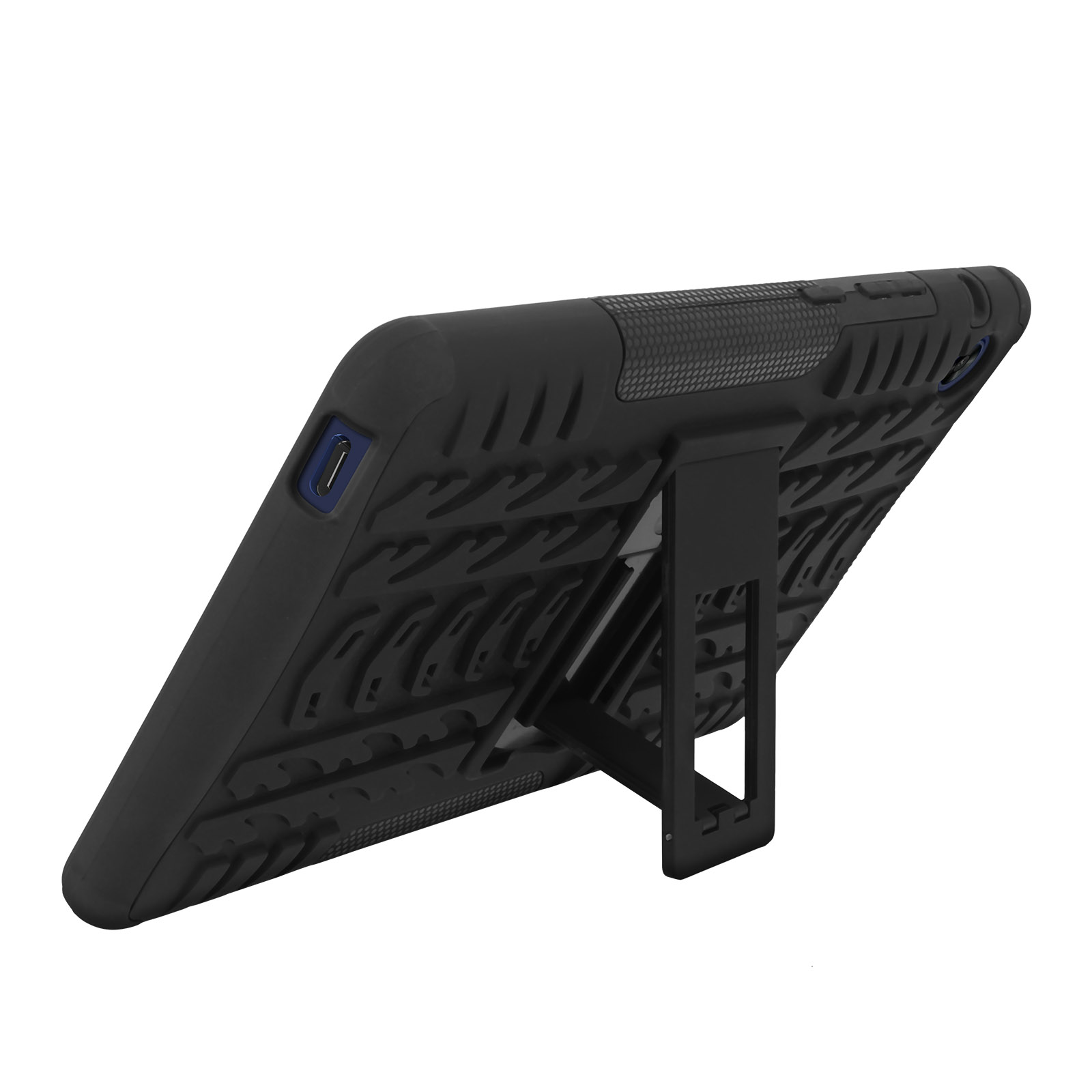 Eine schwarze Tablet-Hülle mit Ständer auf weißem Hintergrund.