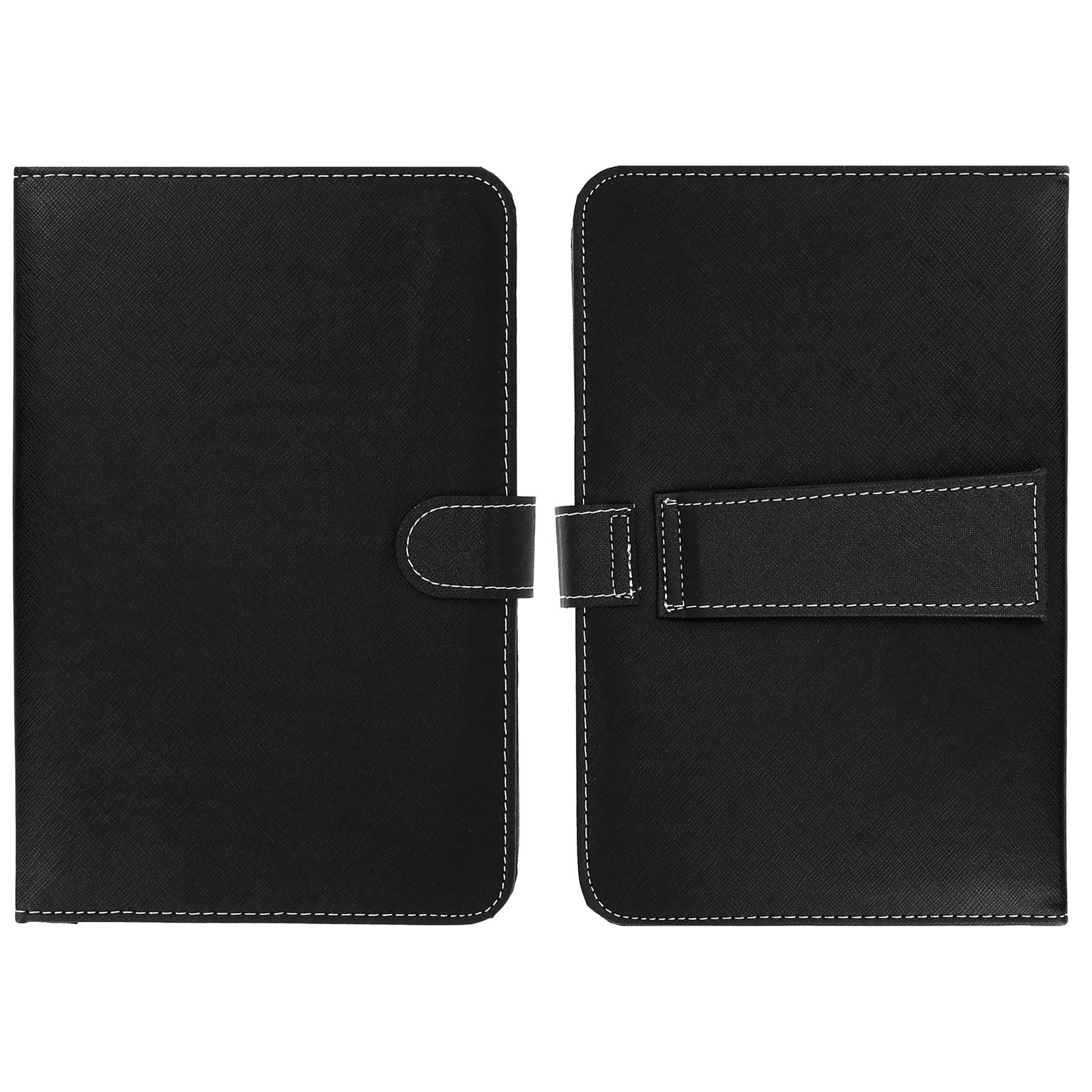 Un folio negro similar al cuero, abierto, que muestra el interior con costuras blancas.