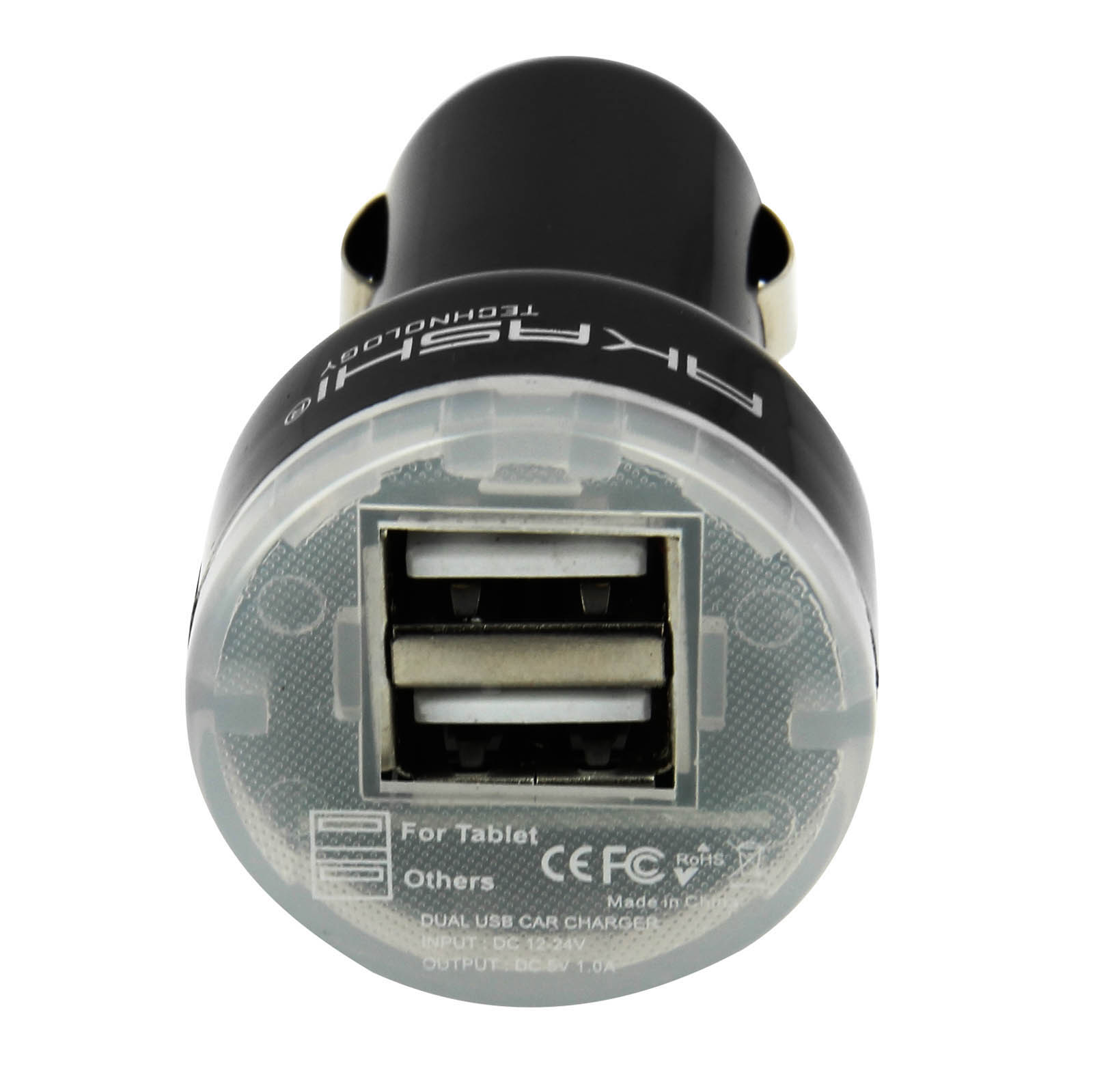 Schwarzes Autoladegerät mit zwei USB-Anschlüssen. Text: Duales USB-Autoladegerät, Eingang DC 12-24V.